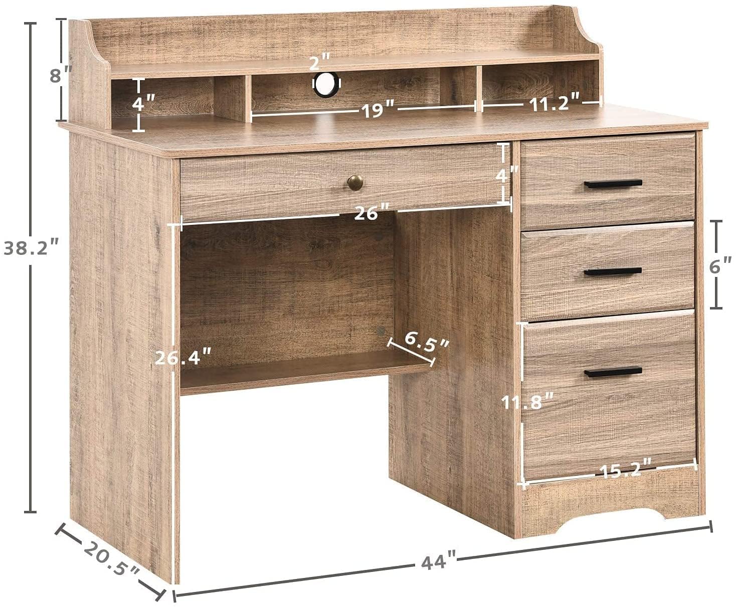 Modern Farmhouse Computer Desk with 4 Drawers & Hutch - Small Office Desk with File Storage, Wooden Writing Table for Home Office, Study & Bedroom - Perfect for Remote Work, Online Learning & Small Space Organization (Grey)