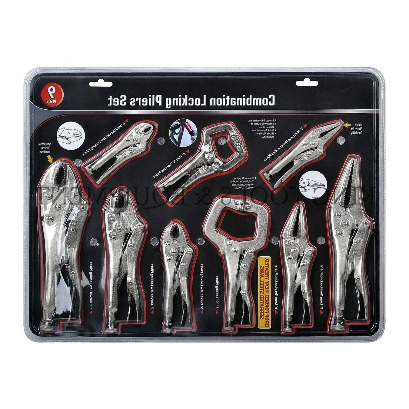 9-Piece Locking Pliers Set - C-Clamp, Vise Grip, Needle Nose, Straight & Curved Mini Pliers for DIY, Automotive, and Home Repair - Jikkolumlukka