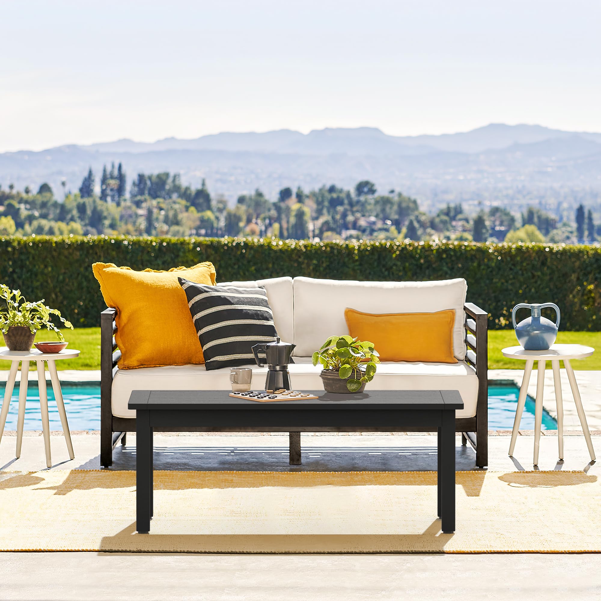 LUE BONA Outdoor Coffee Table - Weather Resistant Rectangle Patio Table with Adjustable Leveling Feet for Deck, Pool, Balcony - Indoor & Outdoor Use - Perfect for Backyard, Garden, and Living Room Relaxation