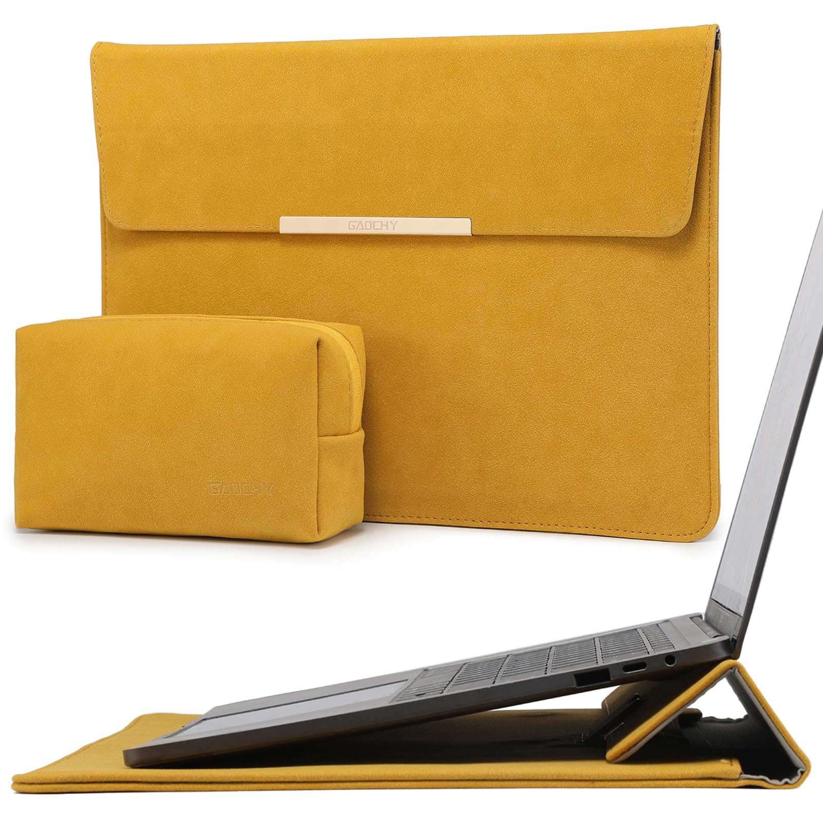 GAOCHY 13 Inch Laptop Sleeve with Stand - Protective Case for MacBook Air 13, MacBook Pro 13, Dell XPS 13 & Surface Pro 13 - Includes Accessory Pouch in Yellow - Perfect for Work, Travel & School