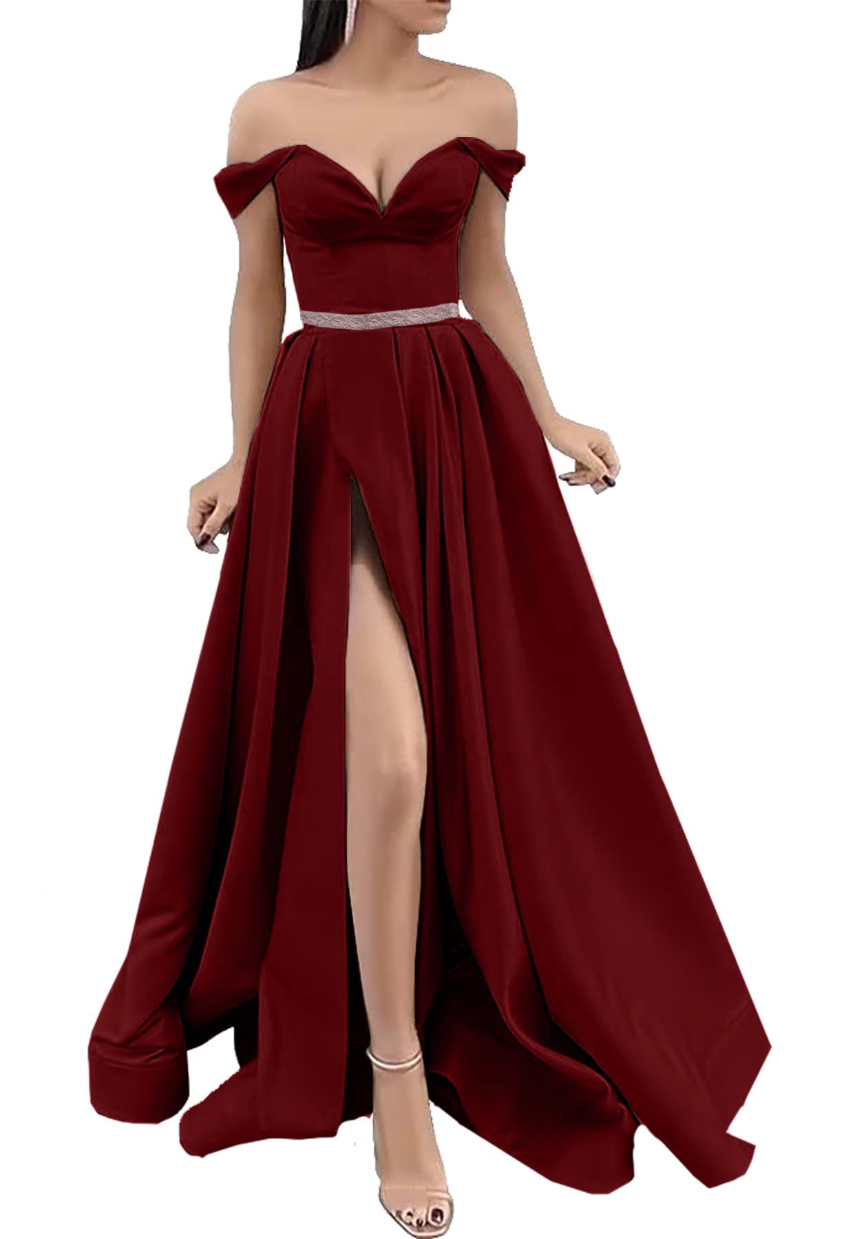 ANGELWARDROBE Women's Long Off-The-Shoulder Prom Dress - Elegant Satin Formal Evening Gown with Thigh High Slit & Pockets - Perfect for Homecoming, Wedding Guest, Cocktail Party & Special Occasions