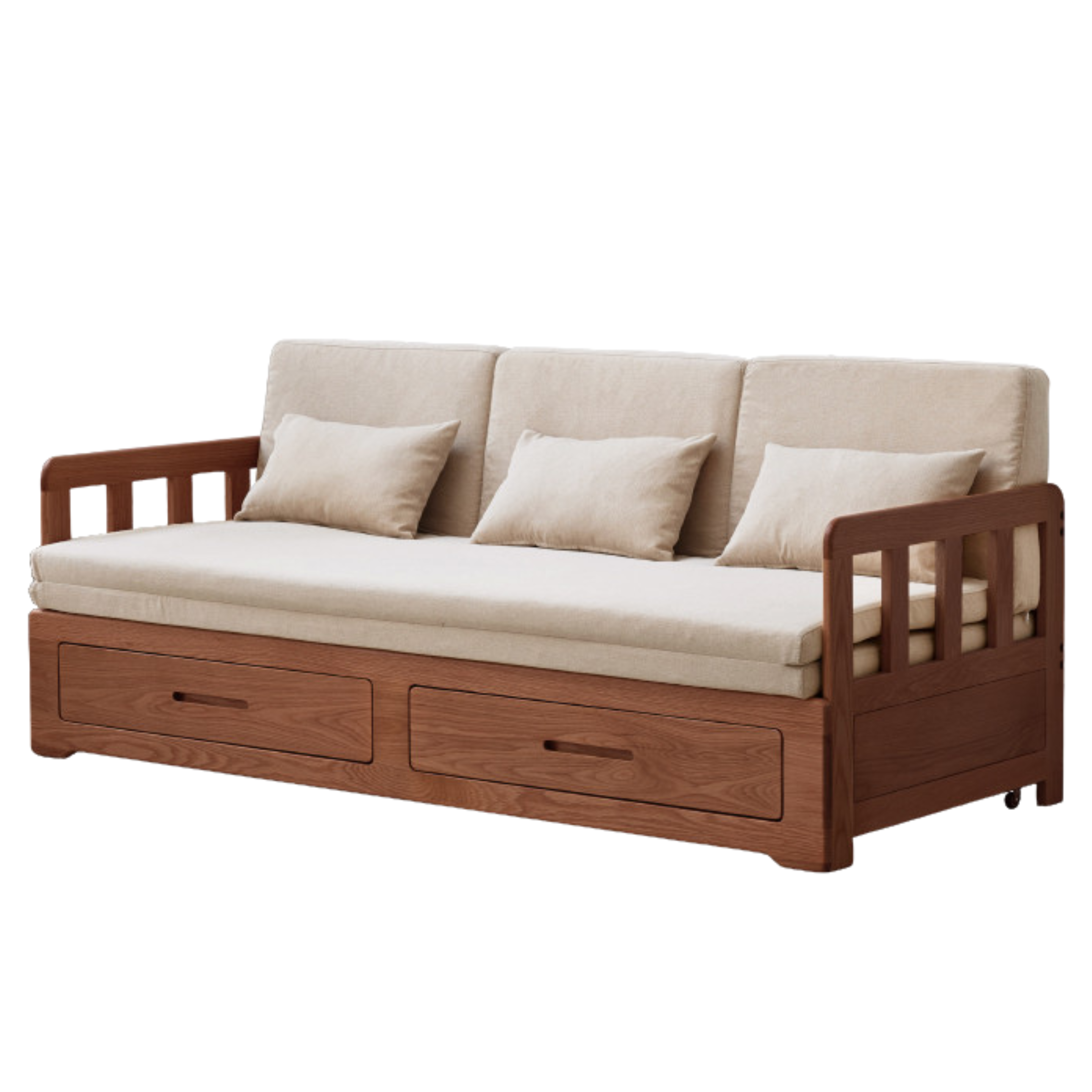 Solid Oak Wood Sofa Bed with Folding & Retractable Storage | Convertible Sleeper for Small Spaces, Guest Rooms & Apartments