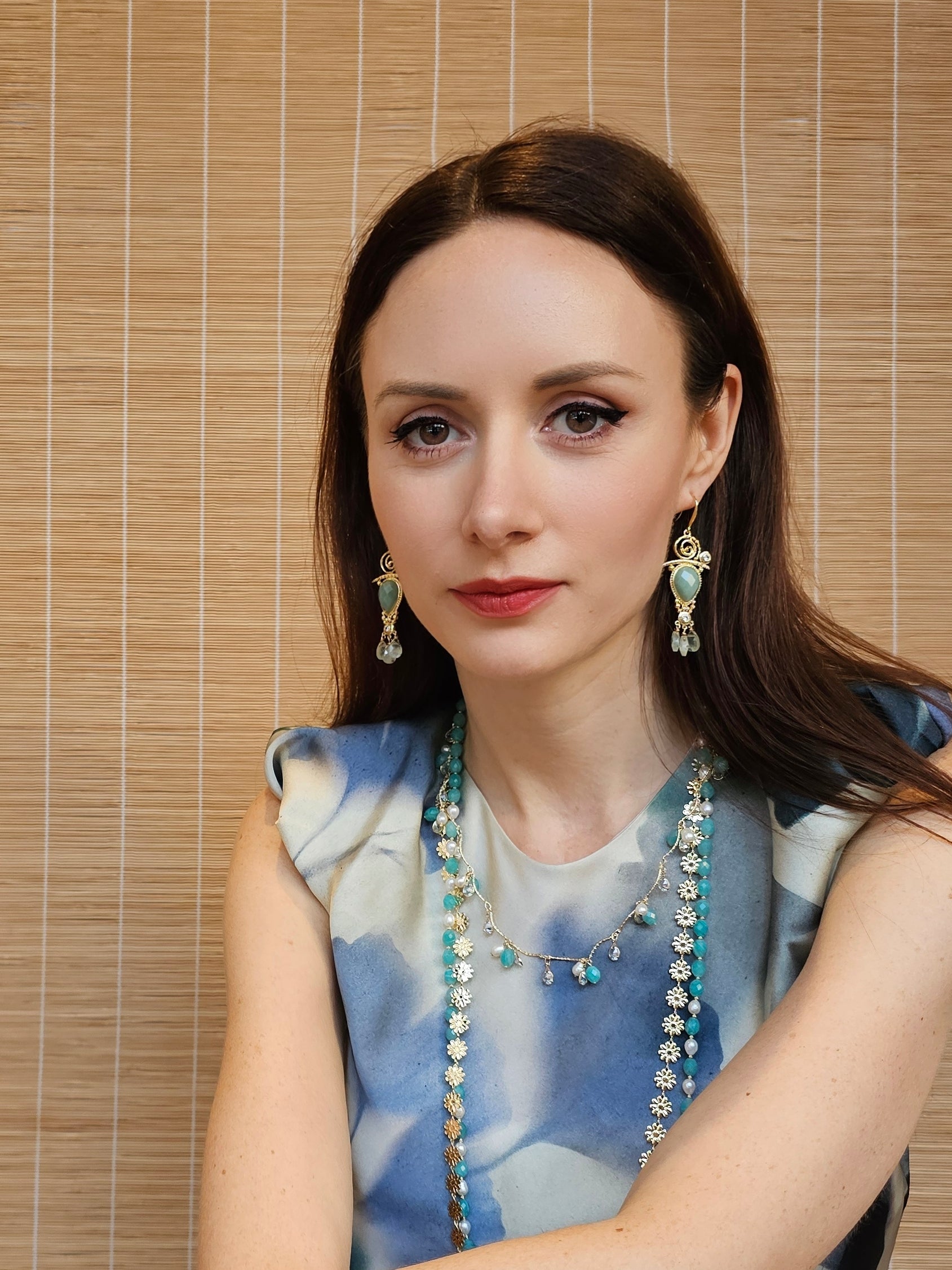 Green Gemstone Chandelier Earrings PE016 - Elegant Dangle Earrings for Women, Perfect for Weddings, Parties & Special Occasions