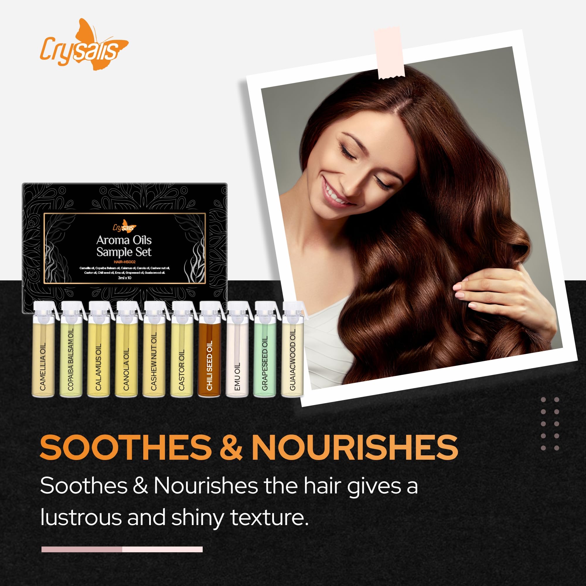 CRYSALIS Premium Hair Care Oil Set - 10x3ml (Camellia, Copaiba Balsam, Calamus, Canola, Cashew, Castor, Chilli Seed, Emu, Grapeseed & Guaiacwood Oils) | Nourishing Scalp Treatment for Dry Hair Repair & Growth | Perfect for Daily Hair Care Routine & Spa Treatments