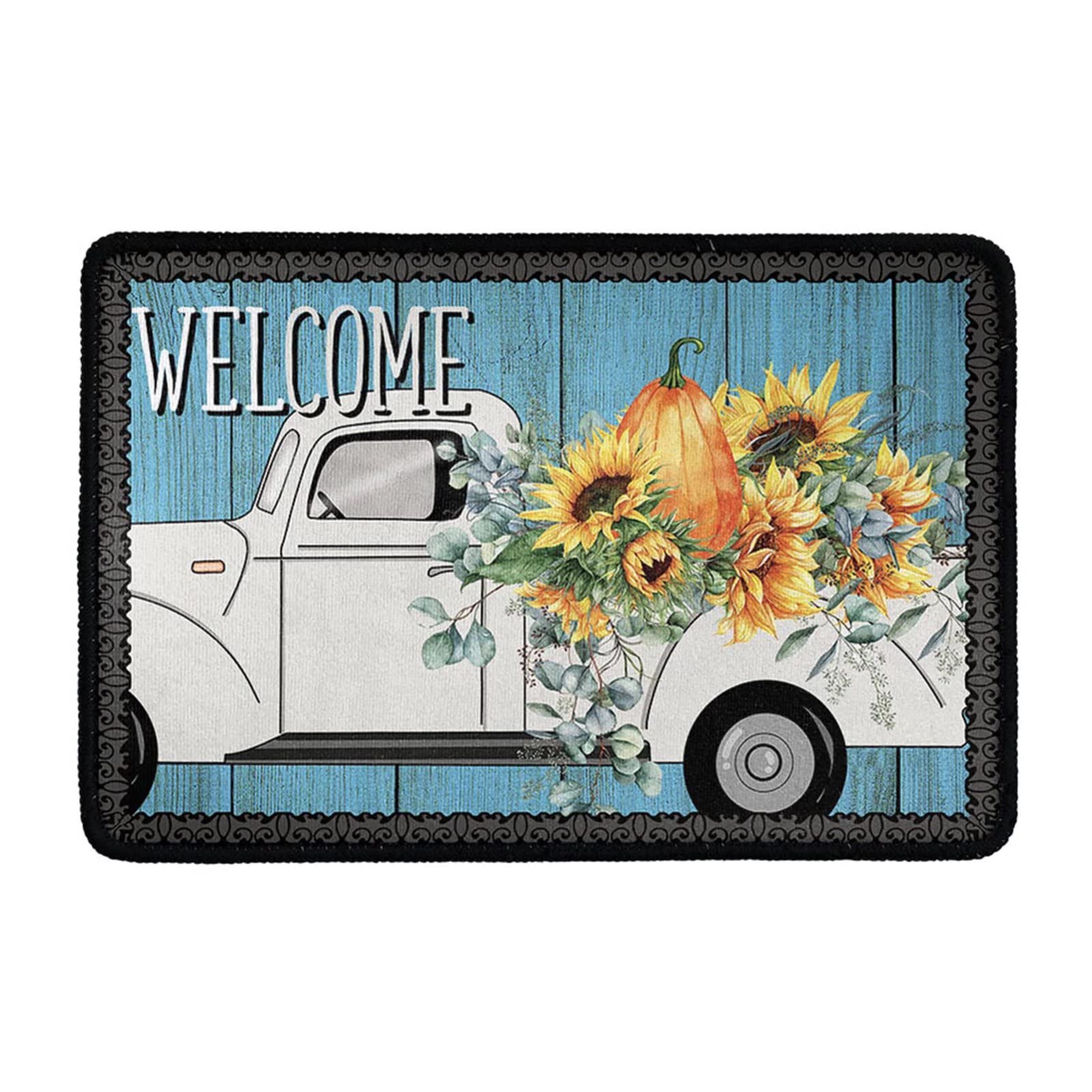 Halloween Doormat - Non-Slip Blue Sunflower Pumpkin Truck Design for Fall - Indoor/Outdoor Welcome Mat for Front Door, Home Entrance & Kitchen - Perfect for Halloween Decor & Seasonal Home Decorating
