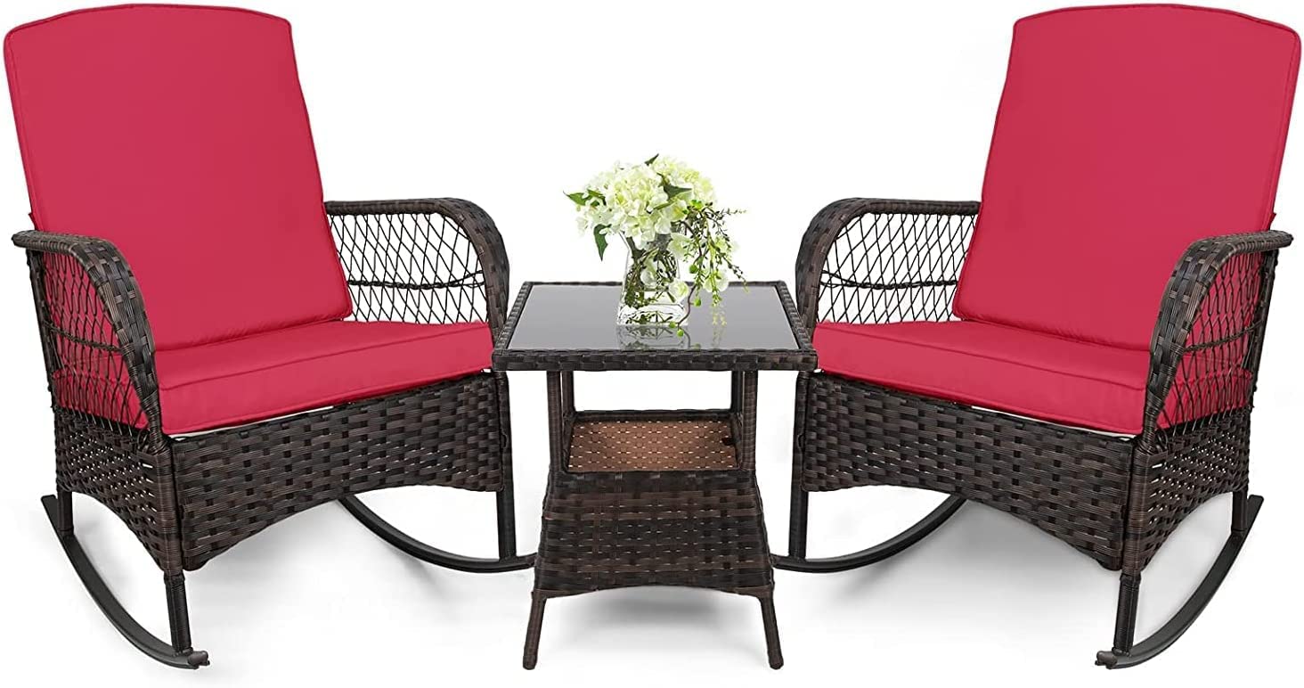 LEVELEVE 3-Piece Red PE Wicker Outdoor Rocking Bistro Set - Patio Conversation Chairs for Garden, Porch & Backyard Relaxation