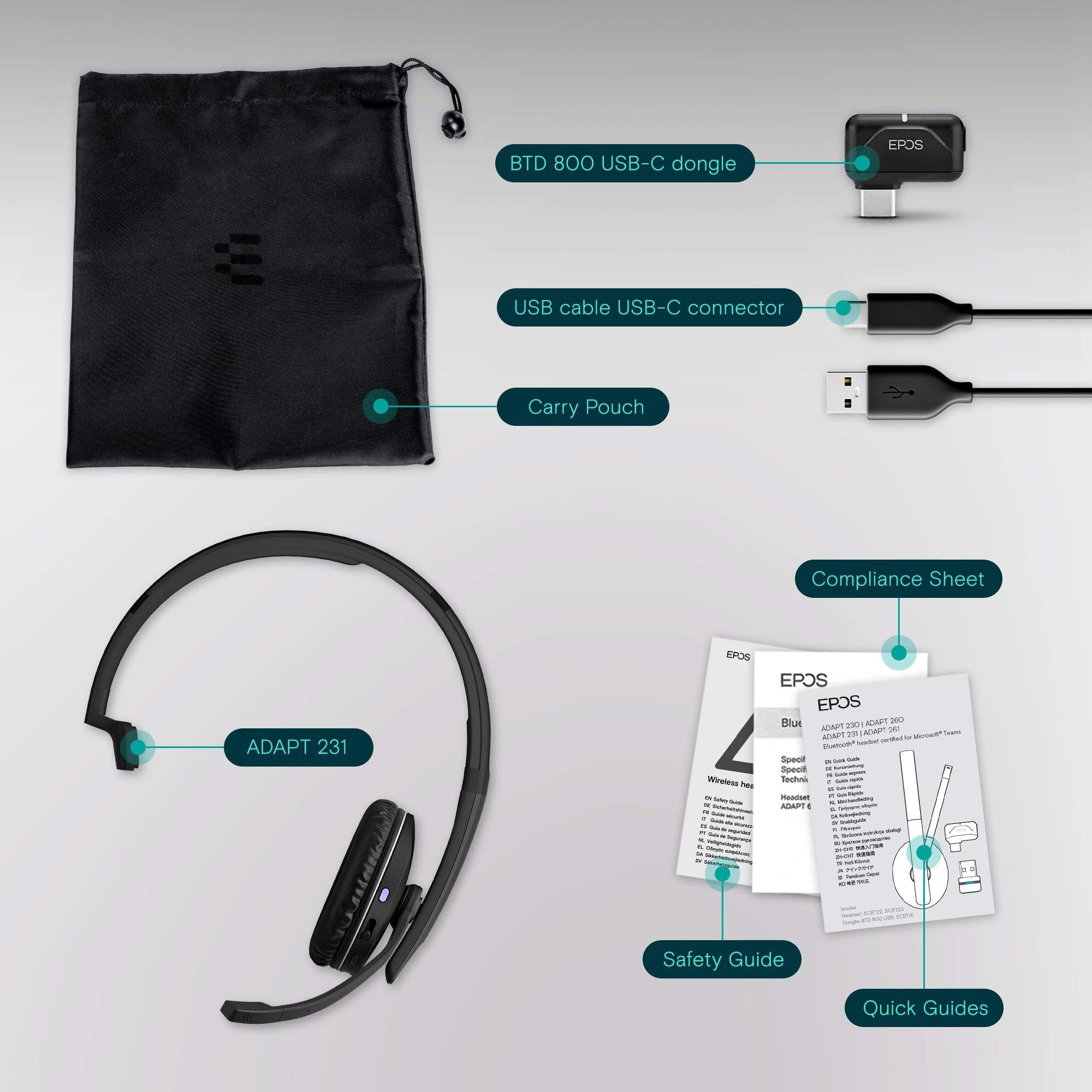 EPOS I SENNHEISER ADAPT 231 Wireless Bluetooth On-Ear Headset with USB-C Adapter - Certified for Microsoft Teams & UC - Black | Perfect for Remote Work, Video Conferencing & Office Use