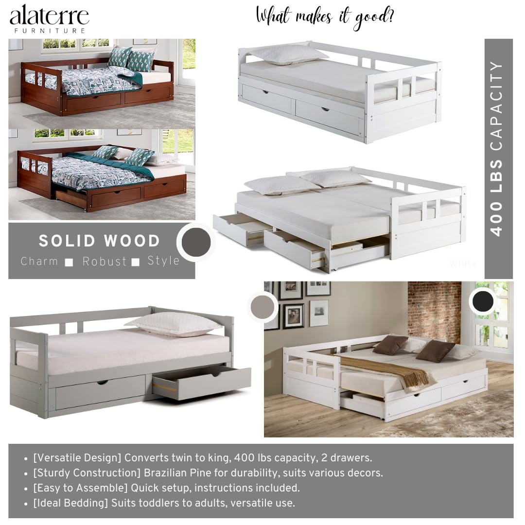 Alaterre Melody Extendable Twin to King Daybed with Trundle & Storage Drawers - Brazilian Pine Wood, 400lb Capacity, Dove Gray - Perfect for Kids Bedroom, Guest Room & Small Space Furniture