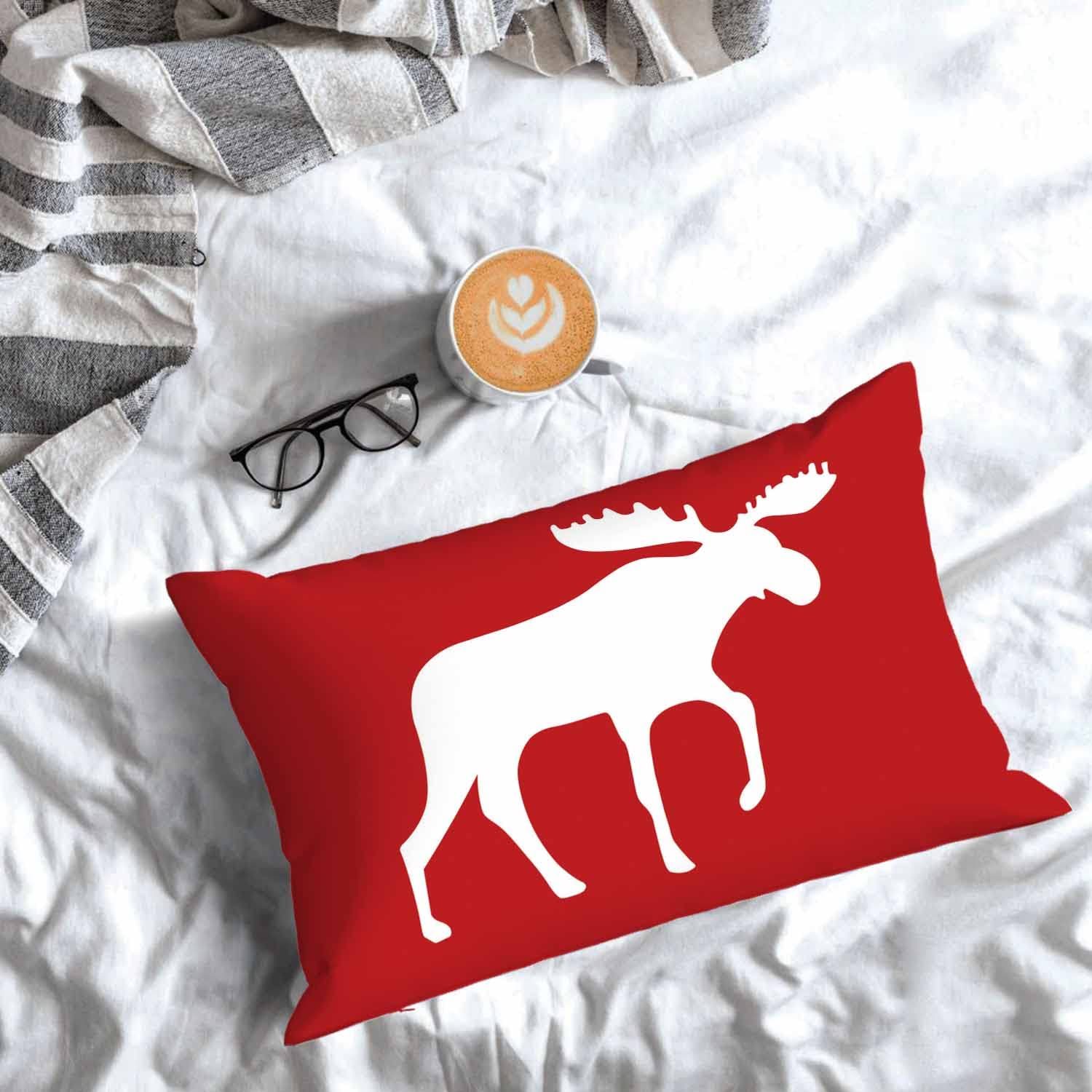 Premium Moose Print Rectangle Pillow Cover - Red Background Decorative Cushion Case 20x30 Inches for Sofa, Couch, Bedroom & Living Room - Perfect for Cozy Home Decor and Seasonal Accents