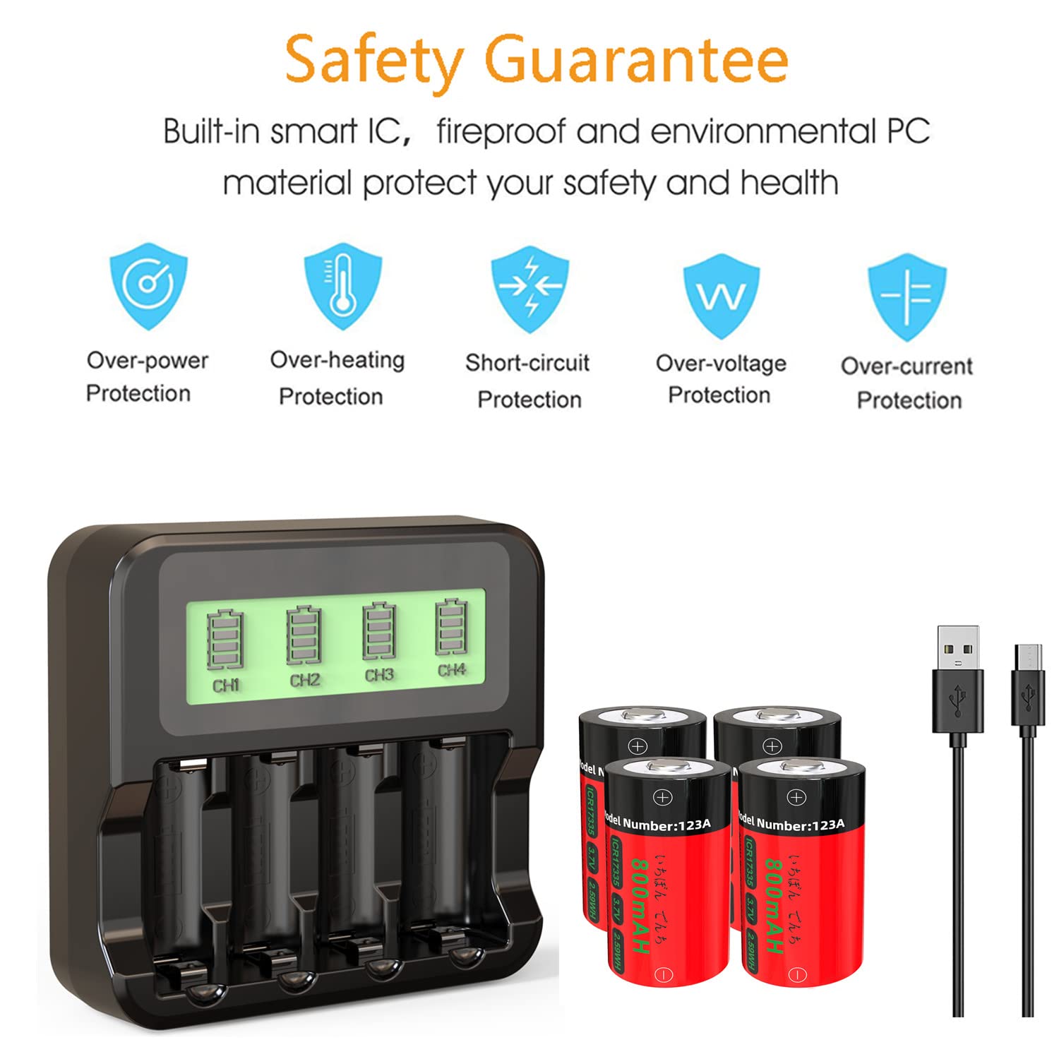 Yofraro 4-Pack CR123A 3.7V Rechargeable Lithium Batteries with Charger - Compatible with Arlo VMS3130 VMC3030 VMK3200 VMS3330 3430 3530 Security Cameras & Flashlights - Perfect for Home Security Systems & Outdoor Lighting