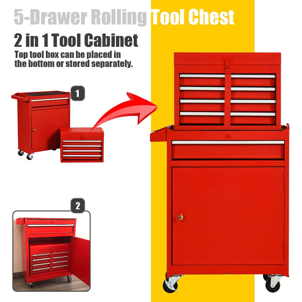 Heavy-Duty 5-Drawer Rolling Tool Chest with Lock - Mobile Tool Storage Cabinet for Workshop, Garage & Warehouse | Detachable Tool Box Organizer | Ideal for Mechanics, DIY Projects & Professional Use (Red)