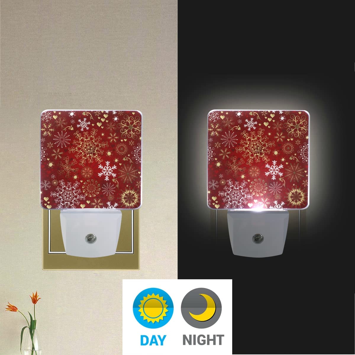 Christmas Red Seamless Pattern with Gold & White Snowflakes - Set of 2 Plug-in LED Night Lights with Auto Dusk-to-Dawn Sensor - Perfect for Bedroom, Bathroom, Nursery & Home Decor - Creates Cozy Holiday Ambiance