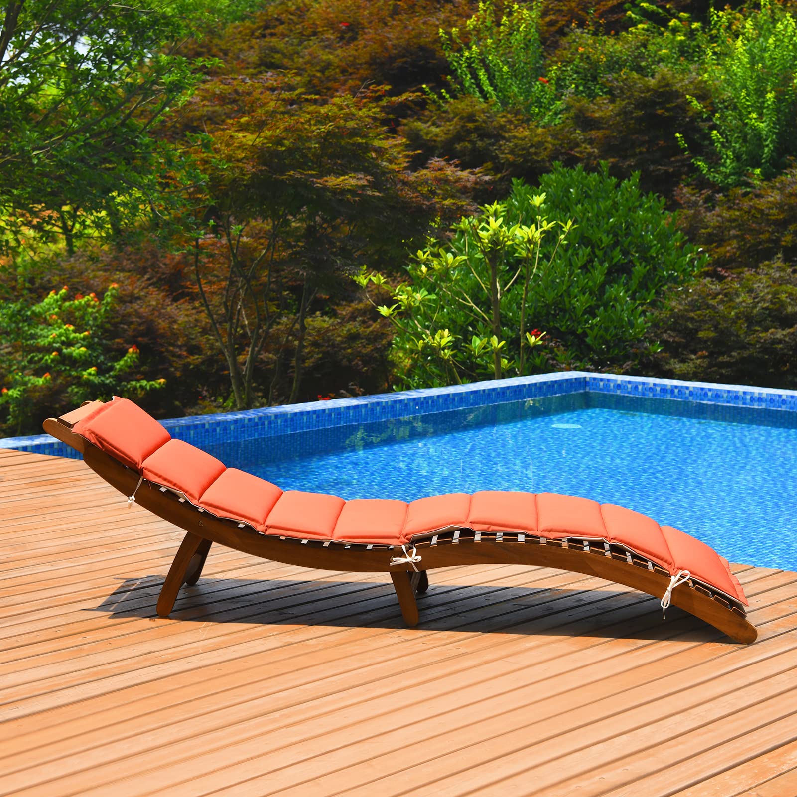 Tangkula Folding Patio Lounge Chair - Solid Eucalyptus Wood Sun Lounger with Double-Sided Cushion - Portable Chaise with Foldable Headrest for Garden, Lawn, Backyard & Poolside Relaxation