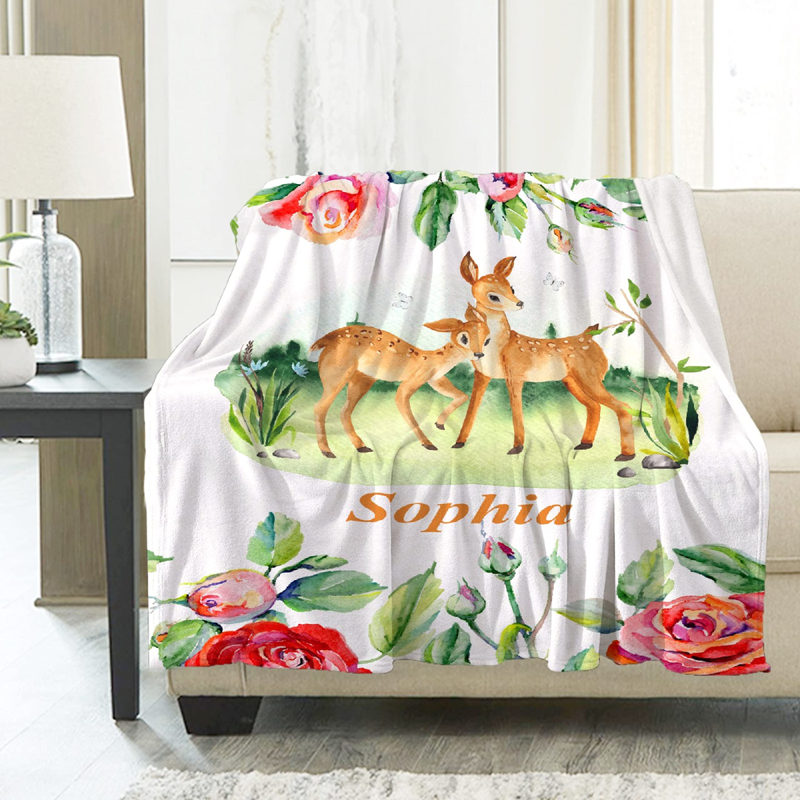 Personalized Baby Blanket with Name - Custom Deer & Flower Design for Girls & Boys | Ultra Soft Flannel Fleece Blanket (90