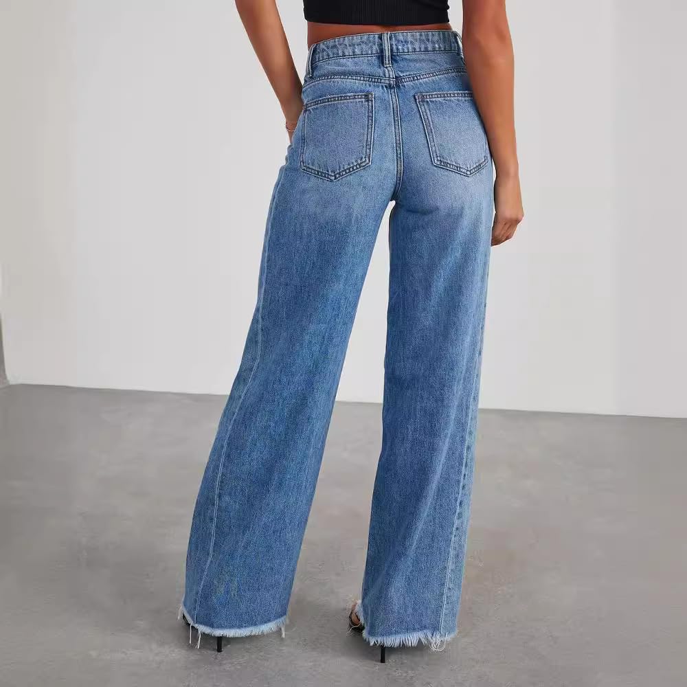 Women's High Waisted Wide Leg Jeans - Stretchy Raw Hem Denim Pants for Casual Wear & Street Style Outfits
