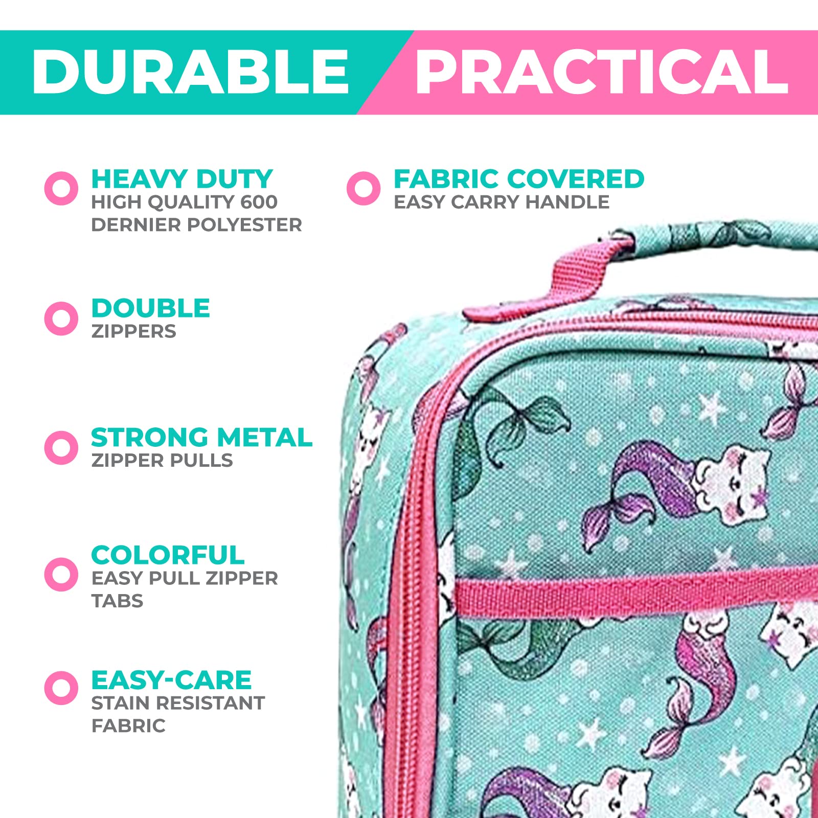 Insulated Lunch Box with Ice Pack for Girls & Kids - Leak-Proof Thermal Food Container for Daycare, Preschool & Kindergarten - Cute Mermaid Cat Design in Aqua & Pink - Perfect for School, Picnics & Travel Snacks