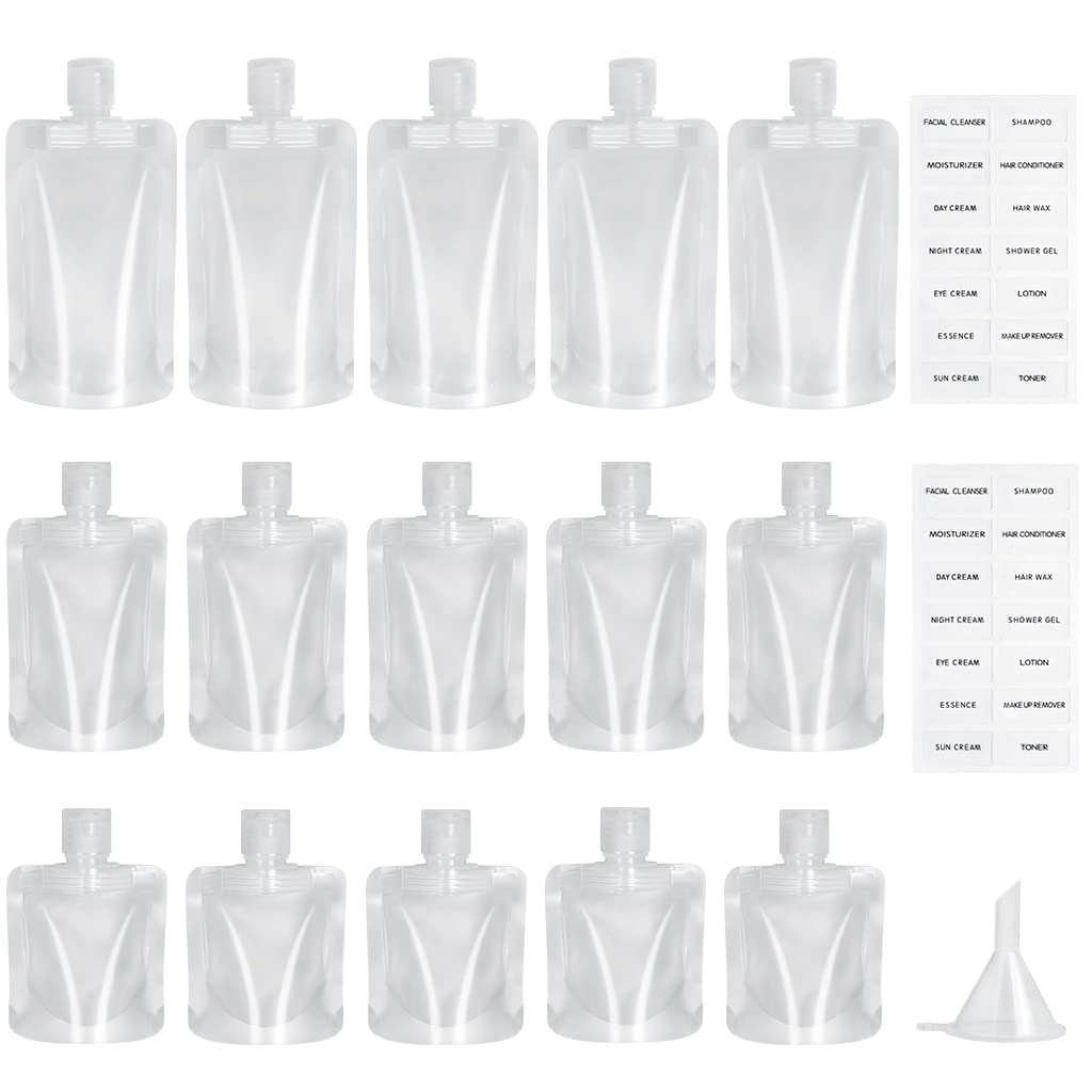 15-Piece Travel Toiletry Bag Set - Leak-Proof Refillable Squeeze Pouches for Shampoo, Lotion & Conditioner | Portable Cosmetic Organizer for Vacation, Camping & Airplane Carry-On | TSA Approved Travel Accessories