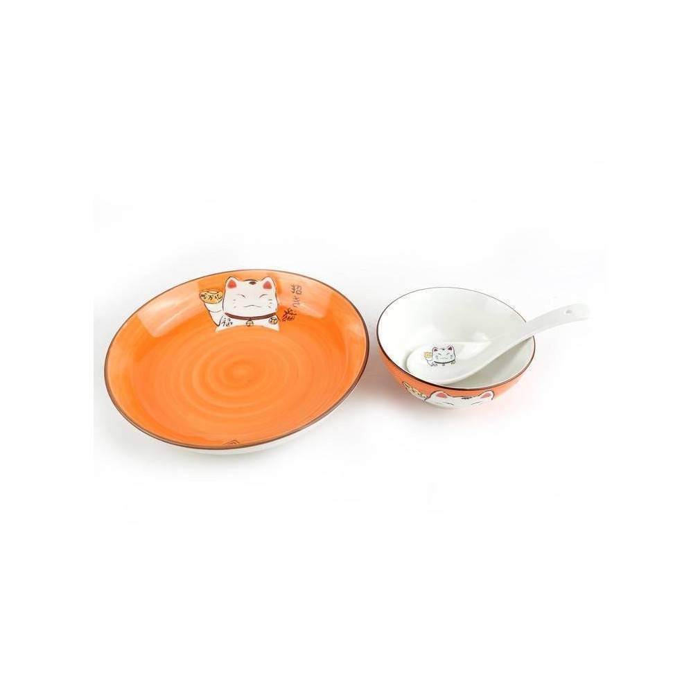 Maneki Neko Lucky Cat Complete 12-Piece Porcelain Dinnerware Set - Green, Orange, Purple, Yellow - Perfect for Asian-Themed Dining, Home Decor & Gift Giving