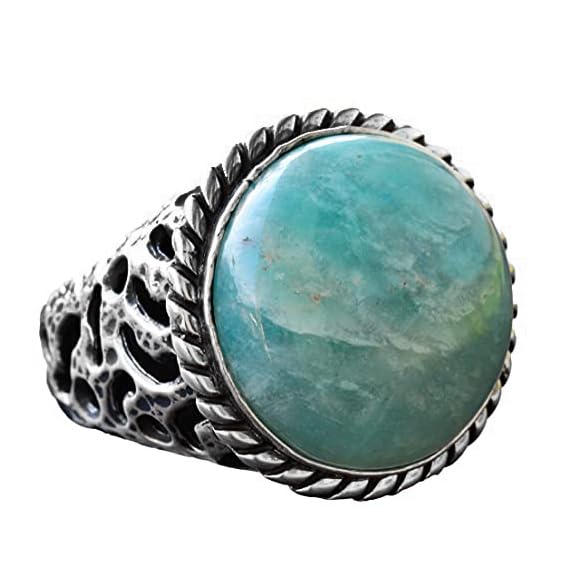Natural Amazonite Round Gemstone Ring for Men - Sterling Silver Adjustable Band - Healing Crystal Jewelry for Meditation, Yoga & Spiritual Gifts