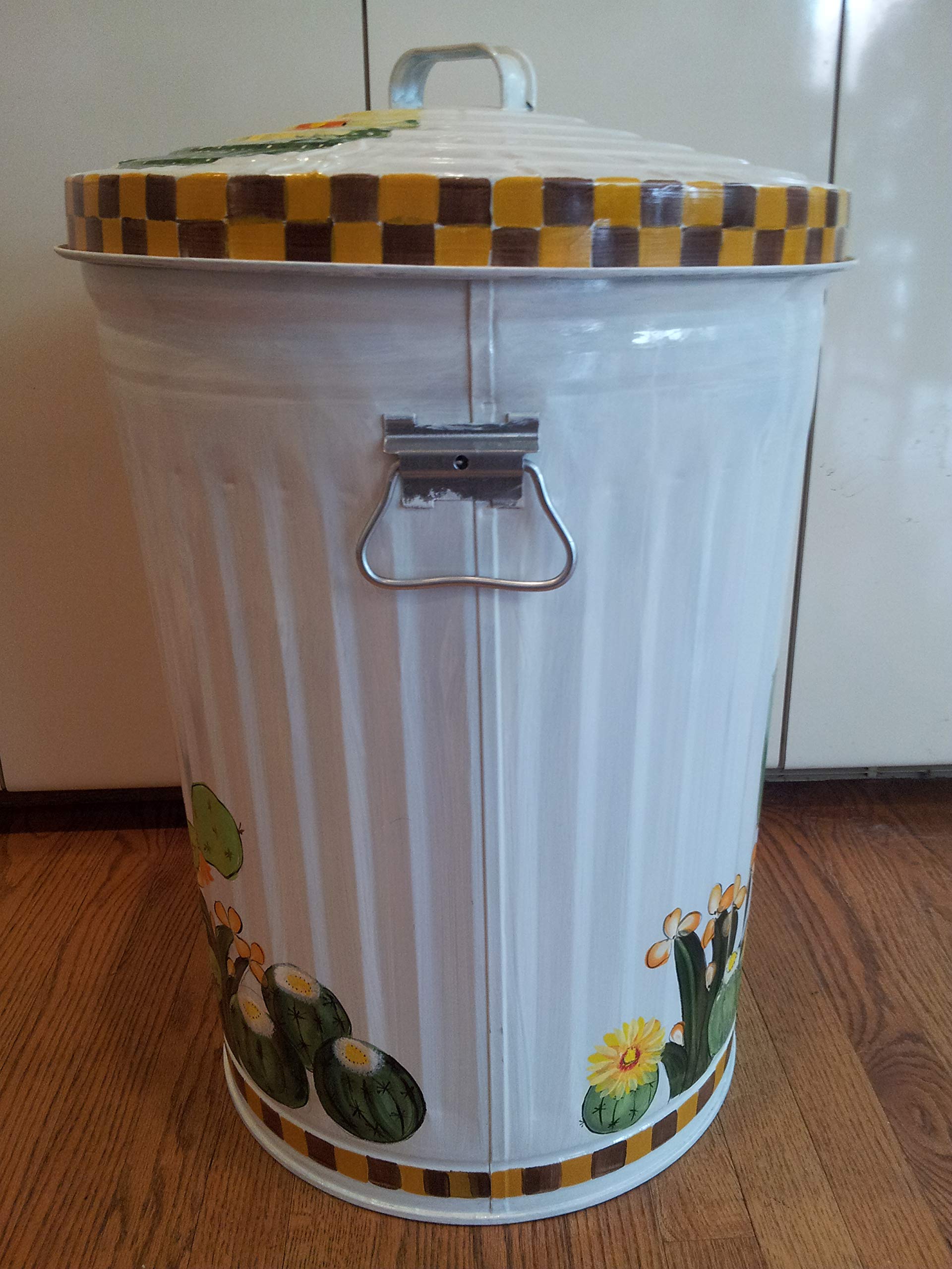 20 Gallon Hand Painted Galvanized Steel Trash Can with Lid - Durable Outdoor Garbage Bin for Patio, Garden, and Home Use