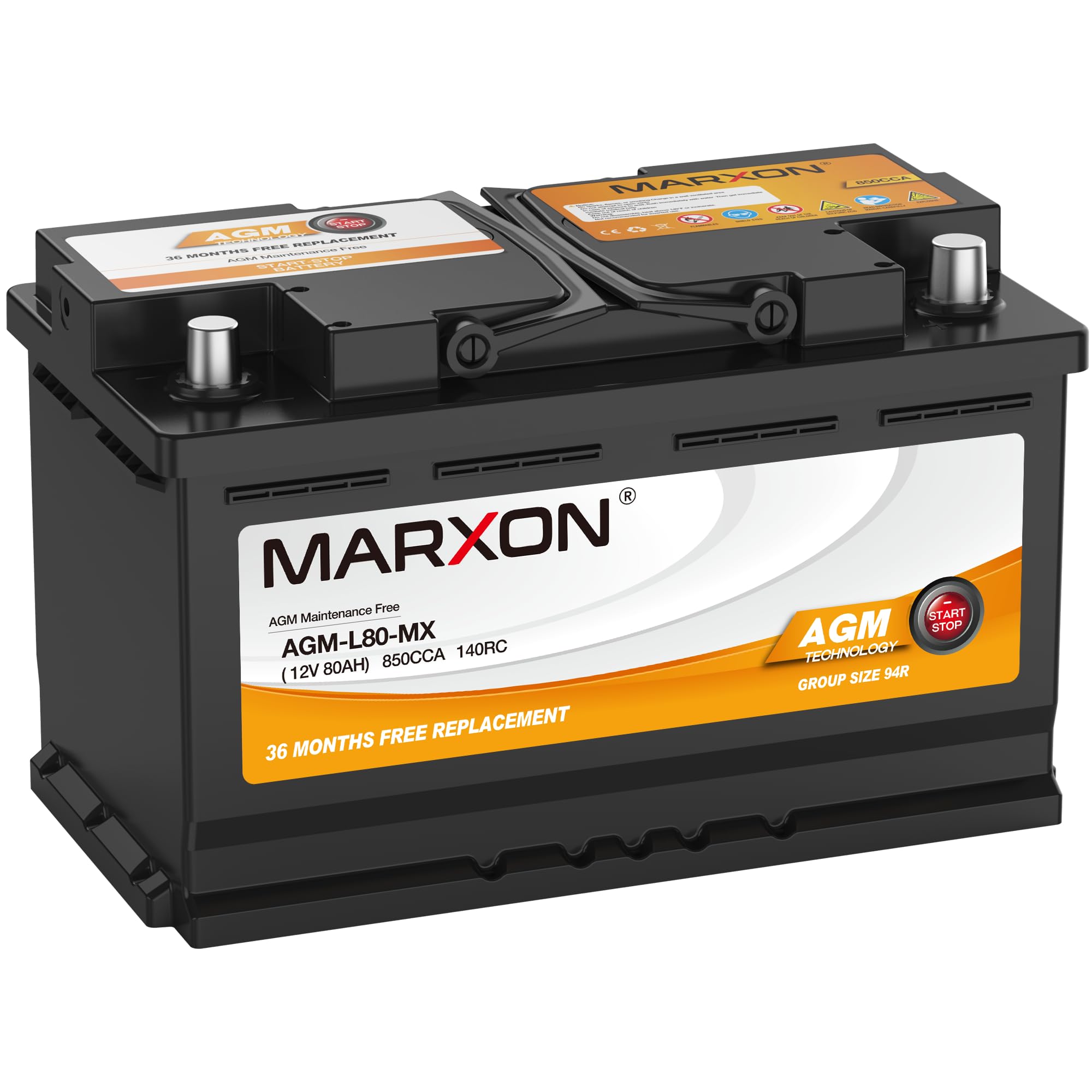 MARXON Group 94R H7 L4 AGM Car Battery 12V 80AH 850CCA - Maintenance Free Automotive Replacement Battery with 36 Month Warranty - Perfect for Start-Stop Vehicles, Trucks & SUVs