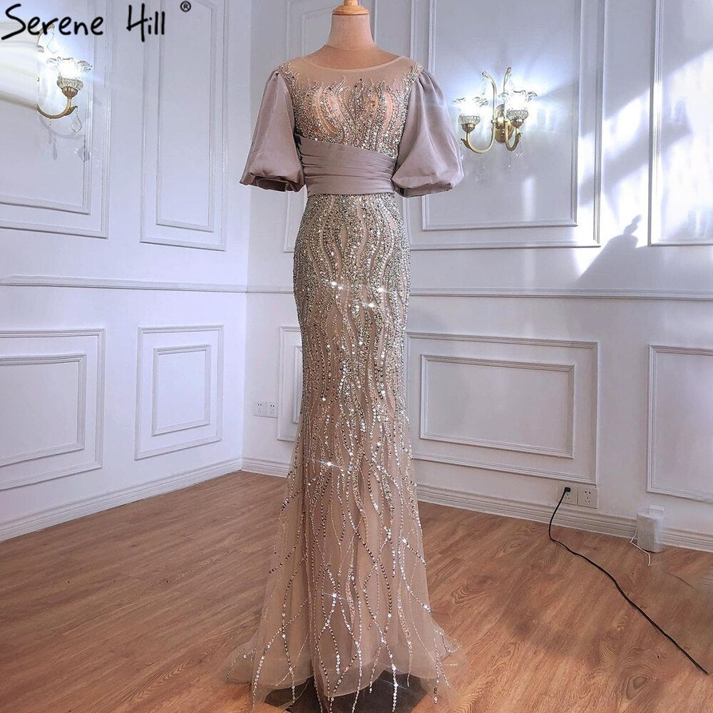 Serene Hill Silver Nude Luxury Mermaid Beading Evening Dress Gown with Puffy Sleeves - Elegant Women's Party Dress LA70809 for Prom, Wedding & Formal Events