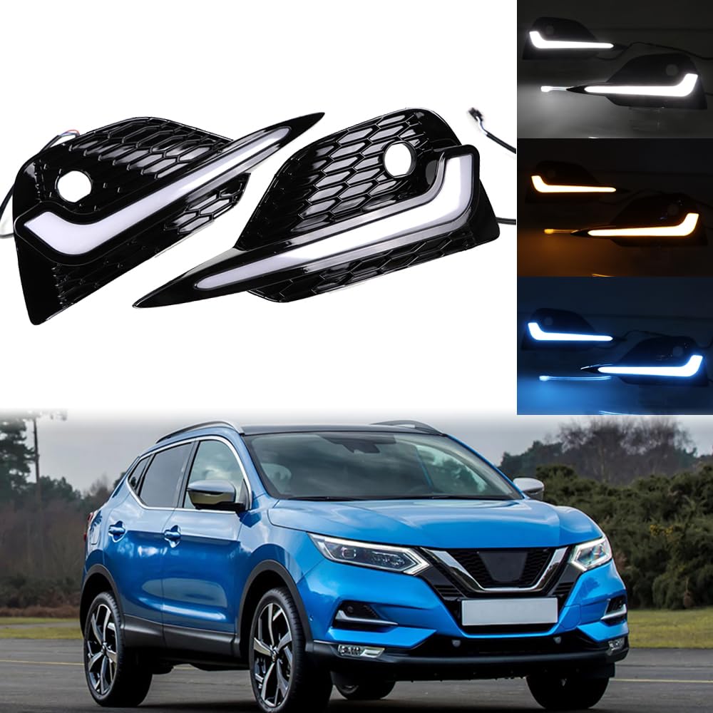 3 Color LED DRL Daytime Running Lights with Dynamic Sequential Turn Signal for Nissan Rogue Sport 2020-2022 & Qashqai 2017-2022 - Front Fog Lamp Bezel Replacement - Perfect for Night Driving and Enhanced Visibility