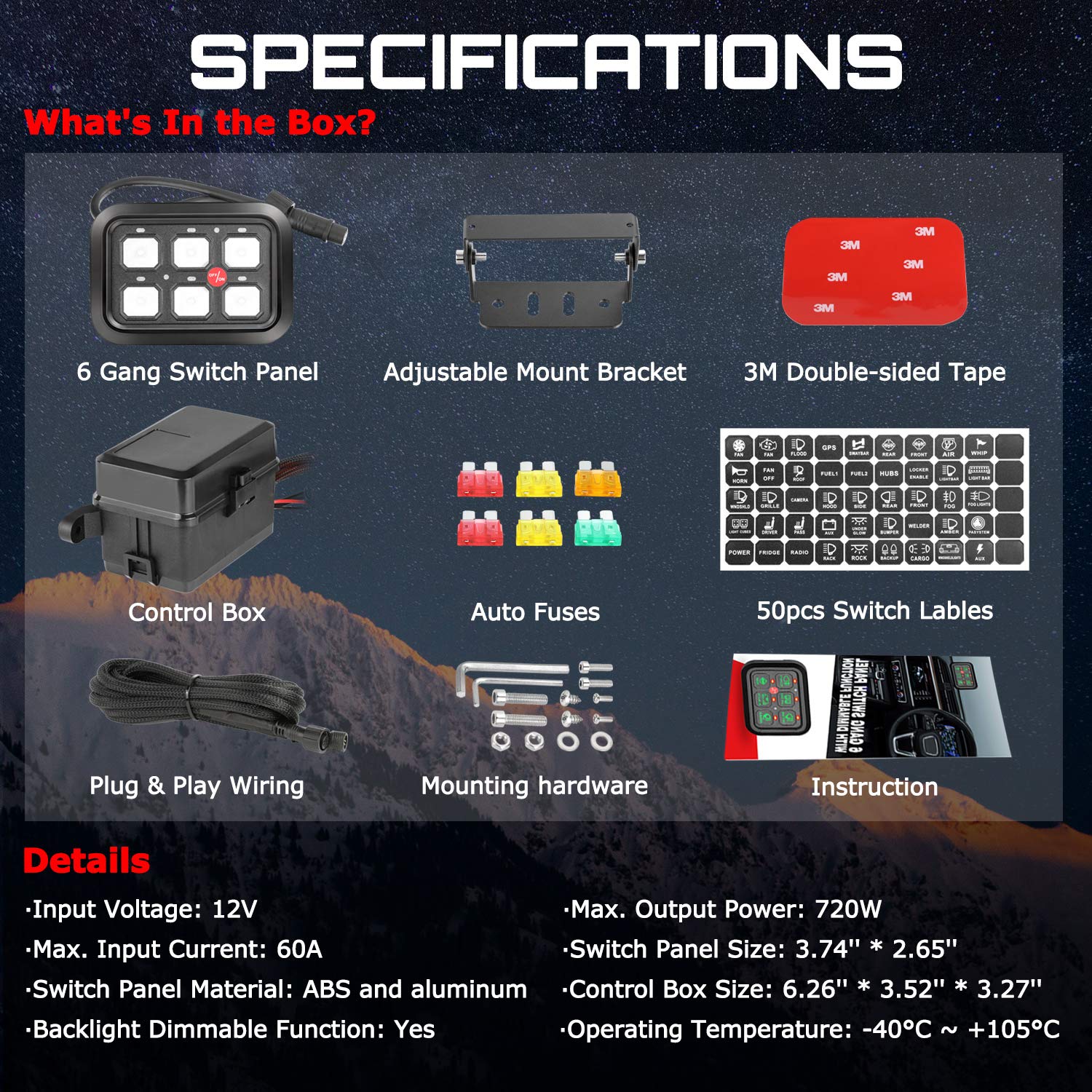 OFFROADTOWN 6 Gang Universal Waterproof Switch Panel with Fuse & Auto-Dimming LED - Circuit Control Box with Electronic Relay System for Trucks, UTVs, ATVs, SUVs & Boats - Perfect for Off-Roading, Marine & Adventure Vehicles