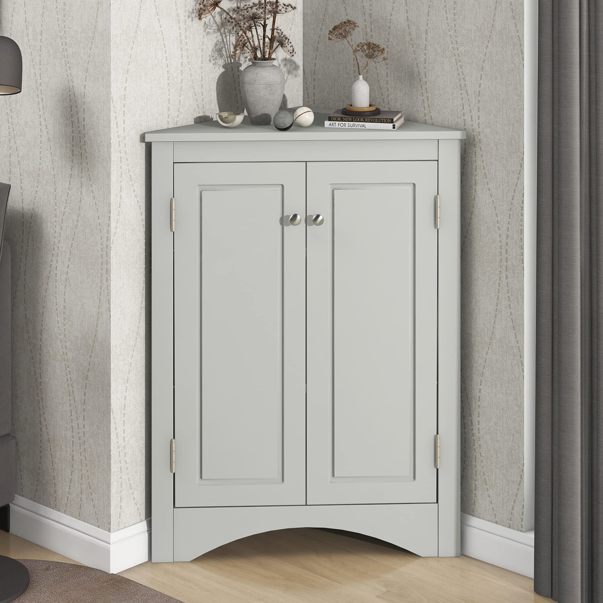 P PURLOVE Adjustable Shelf Bathroom Storage Cabinet - Freestanding Triangle Floor Organizer for Bathroom, Kitchen & Living Room - Gray - Perfect for Small Spaces & Home Organization