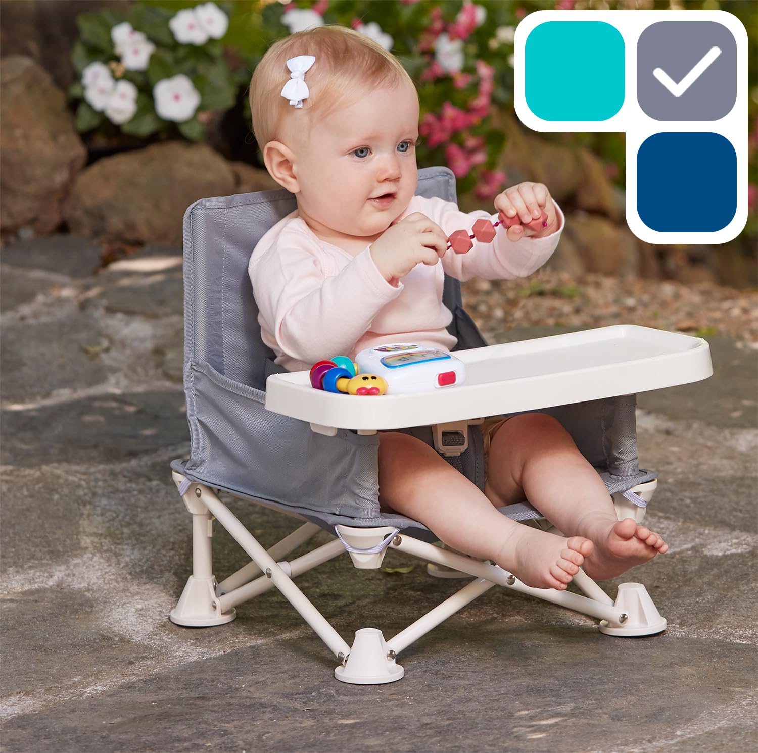 Hiccapop OmniBoost Portable Baby Booster Seat with Tray - Foldable Travel High Chair for Dining, Camping, Beach & Grandma's House | Tip-Free Design with Secure Straps for Kitchen Chairs | Perfect for Restaurants, Picnics & Family Gatherings
