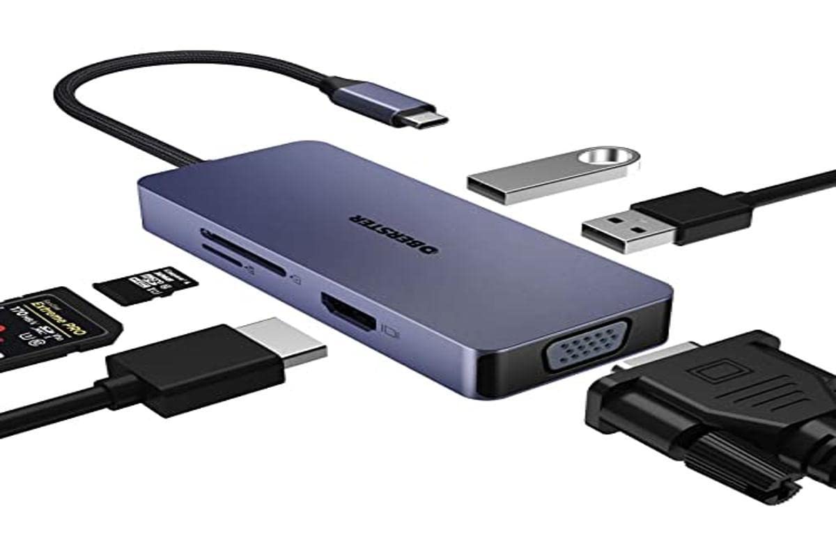 OBERSTER 6-in-1 USB C Hub with 4K HDMI, VGA, USB A, USB 2.0, SD/TF Card Reader - Dual Monitor Adapter for MacBook Pro/Air, Dell, HP, Lenovo Laptops - Perfect for Home Office, Video Conferencing & Multi-Tasking