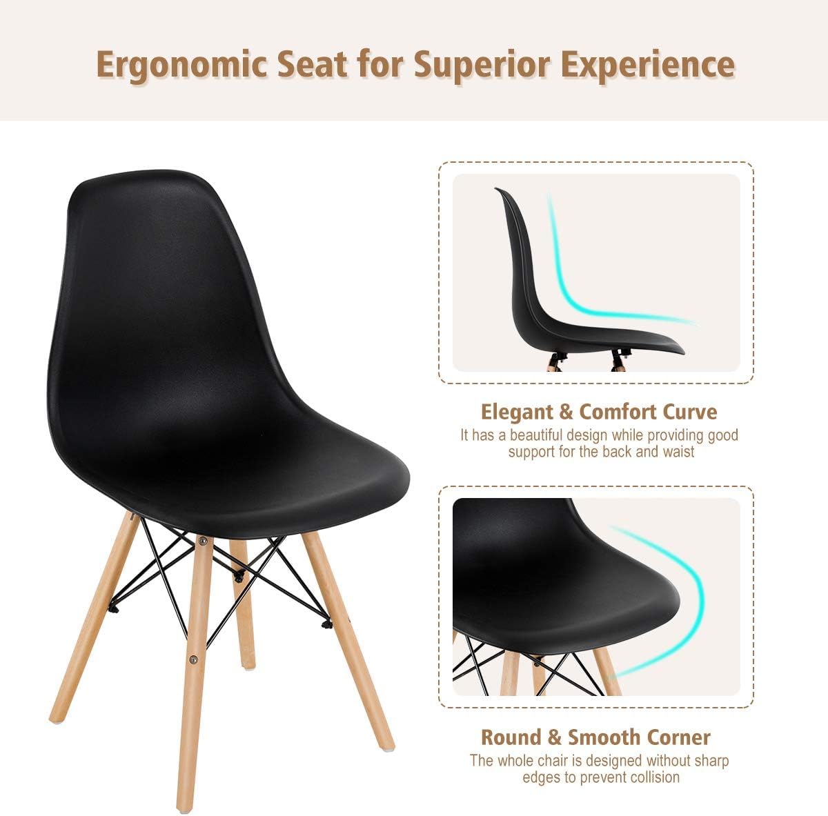 GOFLAME DSW Modern Dining Chairs Set of 4 - Shell Plastic Seat with Sturdy Wooden Legs, Armless Kitchen Side Chairs for Dining Room, Living Room, Bedroom - Black | Perfect for Small Spaces, Breakfast Nook & Apartment Dining