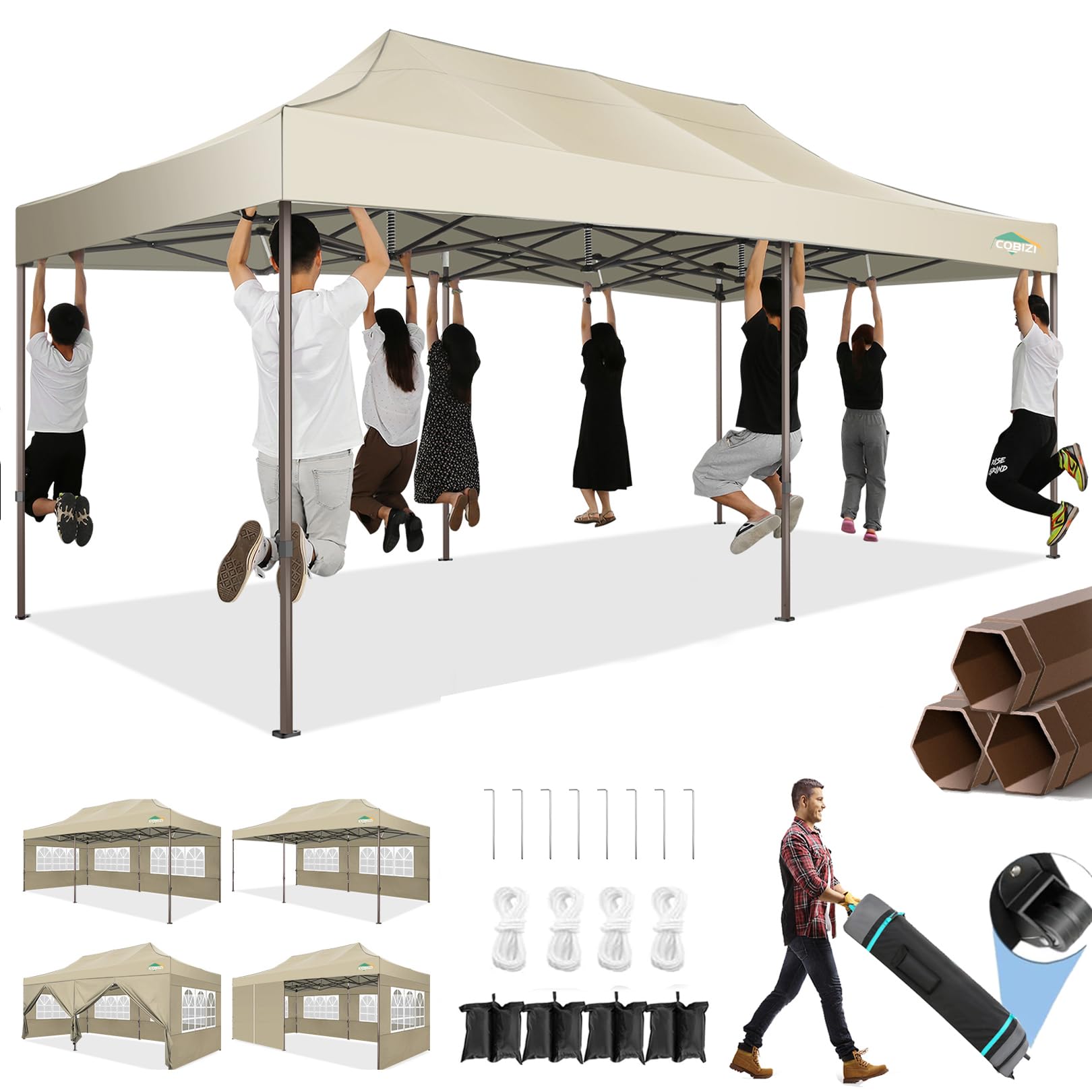 COBIZI 10x20 Heavy Duty Pop Up Canopy Tent with 6 Removable Sidewalls - Waterproof & UV 50+ Protection - Commercial Grade Party Tent for Weddings, Events, Outdoor Markets - Includes Upgraded Legs & Roller Bag - Perfect for Backyard Parties, Beach Gatherings, and Trade Shows