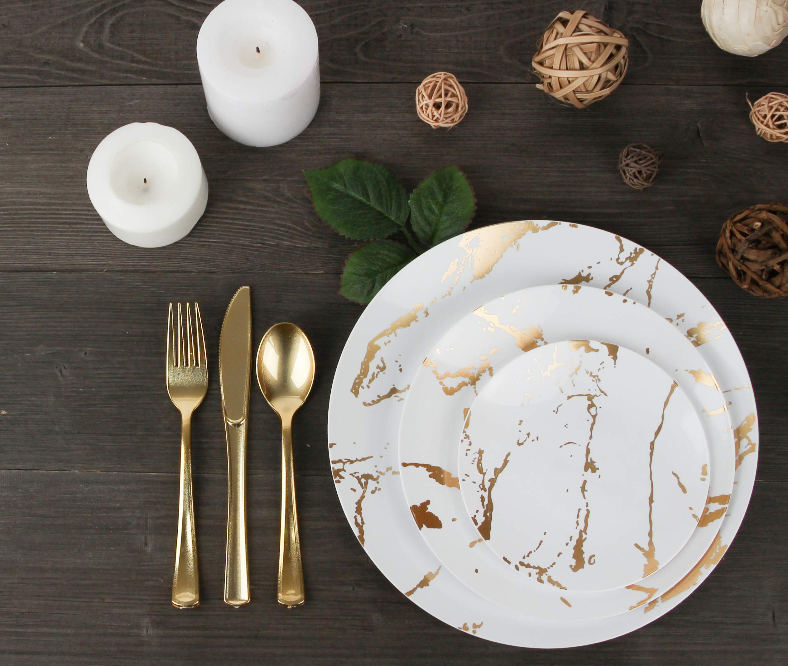 Plasticpro 64-Piece Dinnerware Set - 32 White 7-Inch Salad Plates & 32 White 10-Inch Dinner Plates with Elegant Gold Stroke Design - Heavyweight Plastic Party Plates for Weddings, Banquets, and Special Occasions