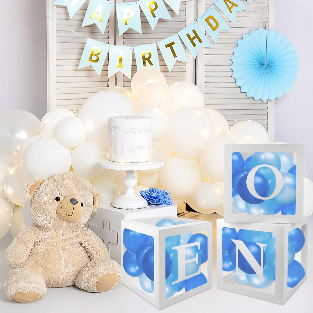1st Birthday Decorations for Boys & Girls - 3-Piece Balloon Box Set for Baby's First Birthday Party, Easter & Special Occasions | One Year Old Party Decor with Clear Blocks