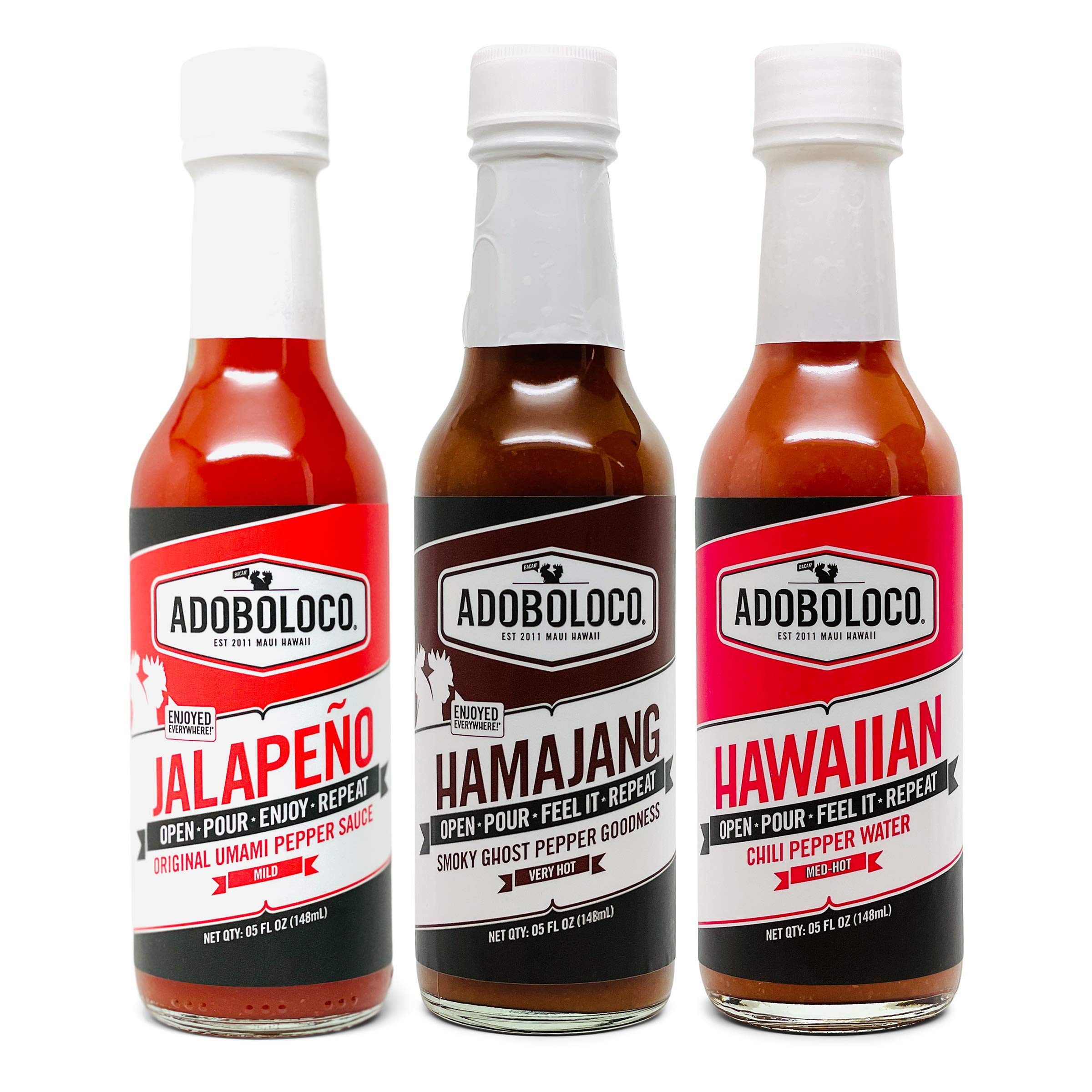 Adoboloco Hot Sauce Variety Pack - 3 Bottles (5oz Each) Spicy Hamajang, Jalapeno & Hawaiian Chili Pepper Water - Extreme Heat Gourmet Chili Sauce Bundle - Perfect for Tacos, Wings & BBQ
