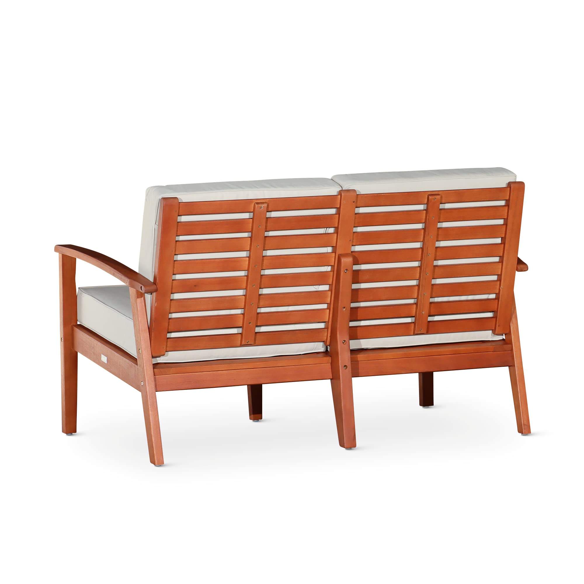 DTY Outdoor Living Longs Peak Eucalyptus Wood Loveseat with Weather-Resistant Cushions - Natural Oil Finish, Burgundy Cushion Set for Patio, Garden & Backyard Relaxation