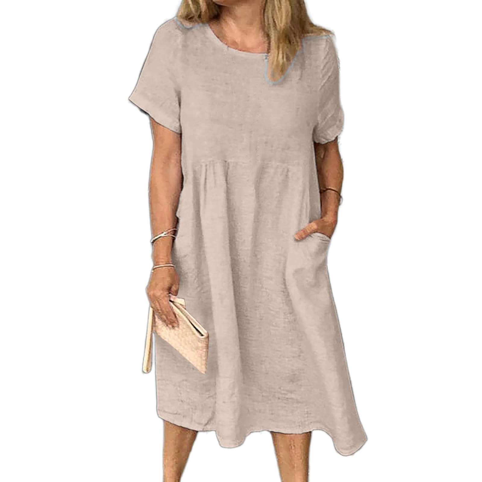 Women's Cotton Linen Shift Dress - Short Sleeve Midi Dress with Pockets | Casual Summer Dress for Beach, Office & Everyday Wear