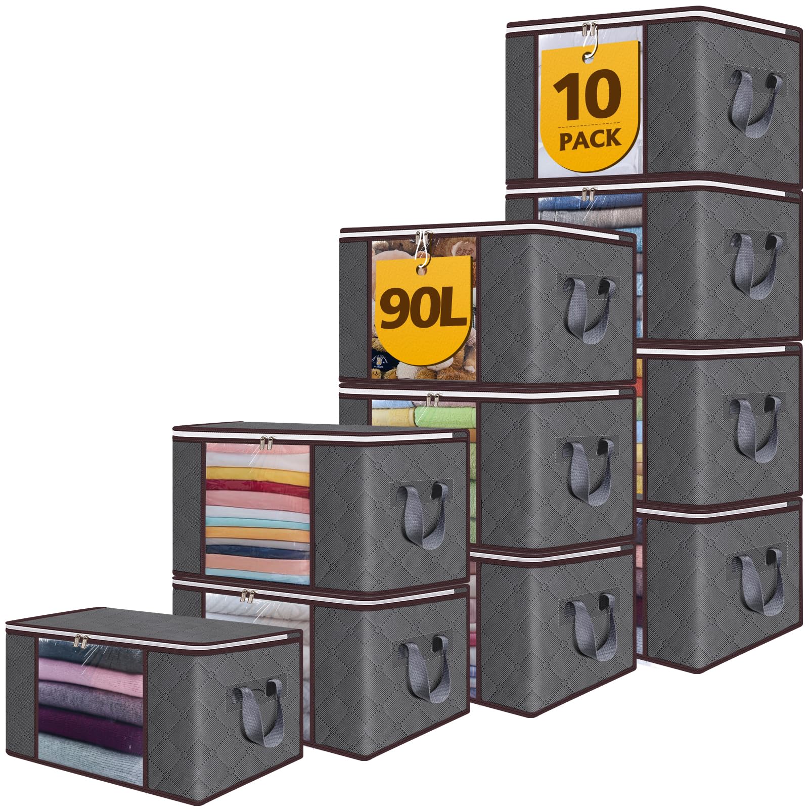 90L Large Storage Bags - 10 Pack Foldable Clothes Organizer Bins with Zipper & Lids - Durable Thick Fabric Closet Storage Containers with Handles - Perfect for Bedding, Clothing, Blankets, Pillows & Toys (Gray) - Ideal for Home Organization, Seasonal Storage & Travel Packing