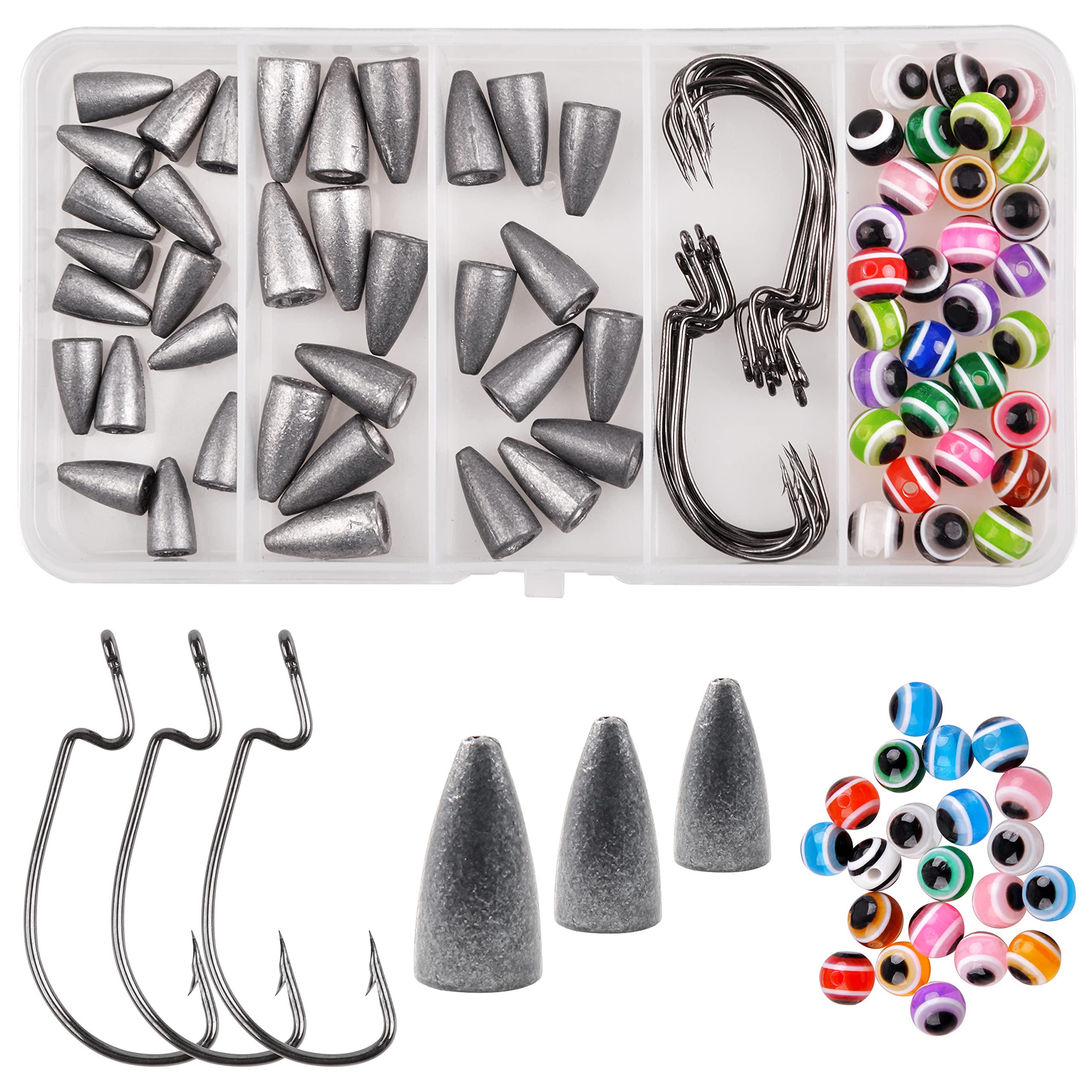 80/182pcs Texas Rig & Carolina Rig Bass Fishing Tackle Kit with Worm Sinkers, Weights, Barrel Swivels, Beads & Offset Hooks - Complete Bass Fishing Rig Set for Freshwater & Saltwater Fishing