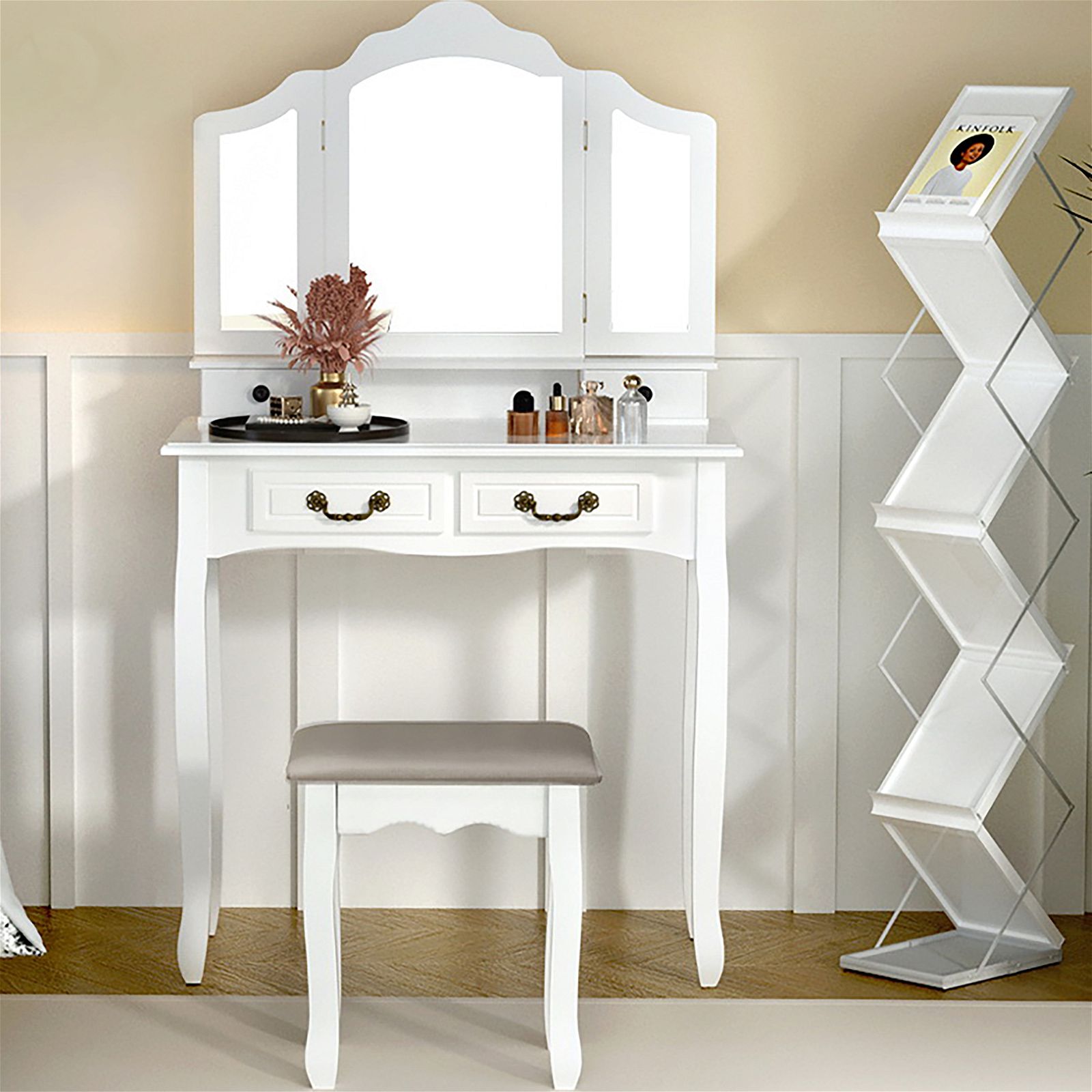 Artiss Foldable Dressing Table Stool Set with Mirror - White Vanity Stool for Bedroom, Makeup Station & Home Decor