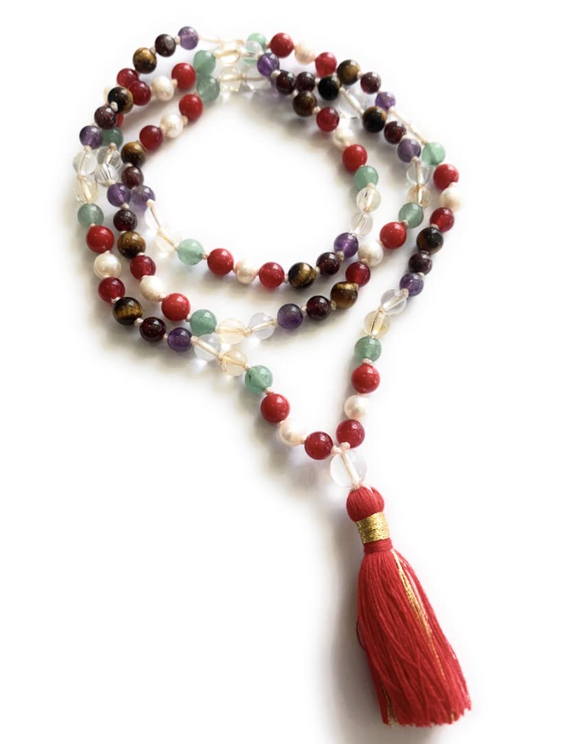 108 Navratan 9 Planets Handmade Chakra Mala Beads Necklace - Blessed Yoga Japa Meditation Prayer Beads (7mm) for Spiritual Healing & Astrological Balance | Perfect for Meditation, Yoga & Energy Cleansing