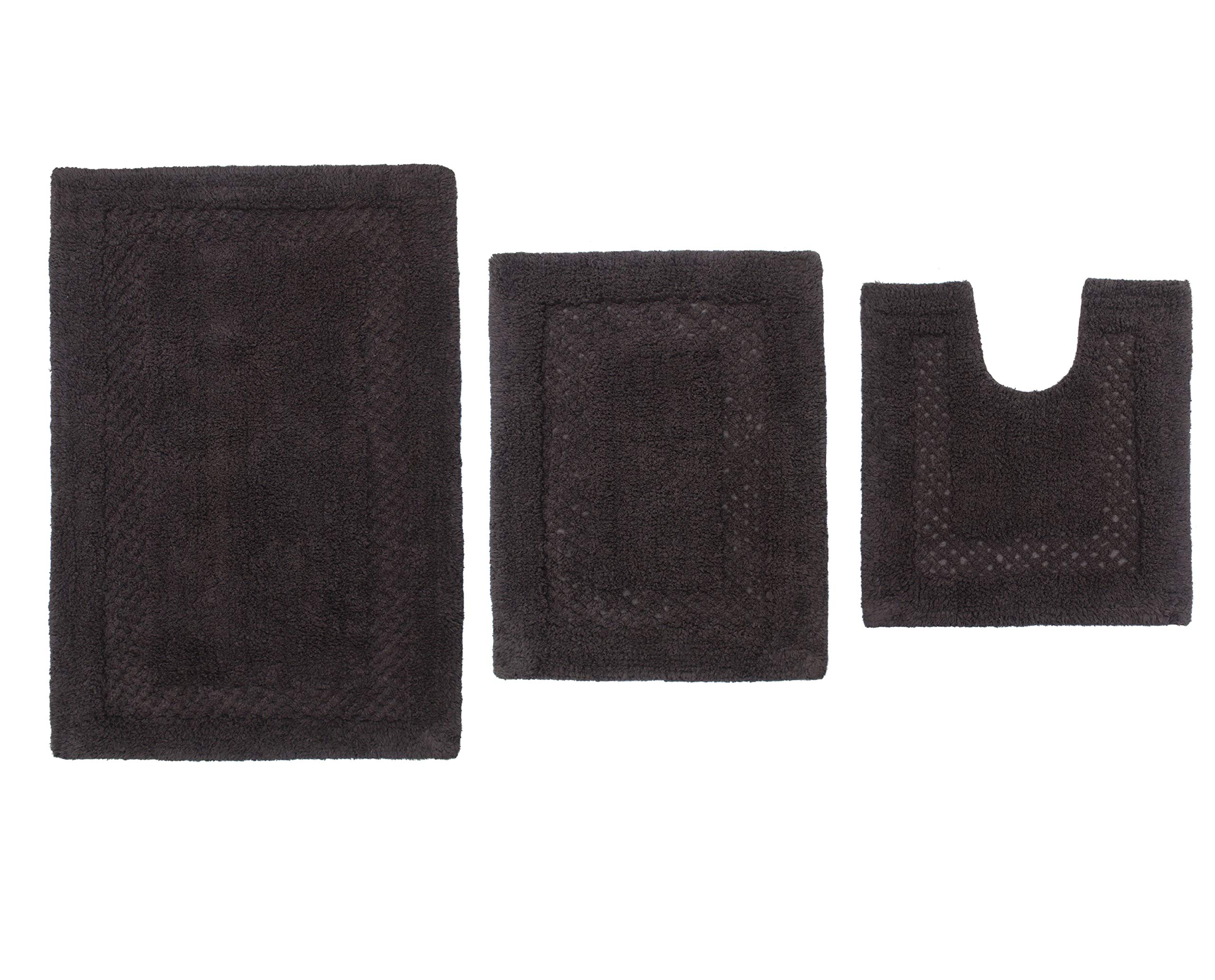 Premium 100% Cotton Bathroom Rug Set - Ultra Soft & Absorbent Non-Slip Bath Mat, Washable Contour Bathroom Floor Mats for Shower & Tub (3-Piece Set, Gray) - Perfect for Bathrooms, Kitchens & Laundry Rooms