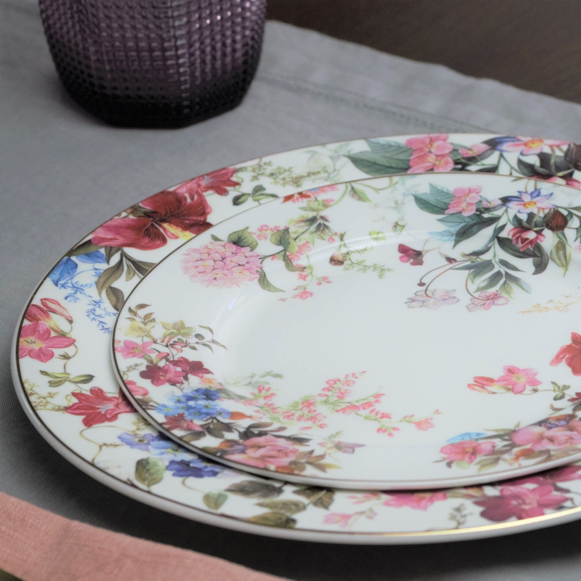 Gracie China 8-Inch Porcelain Plates Set of 4 - Pink Blue Garden for Dessert & Salad