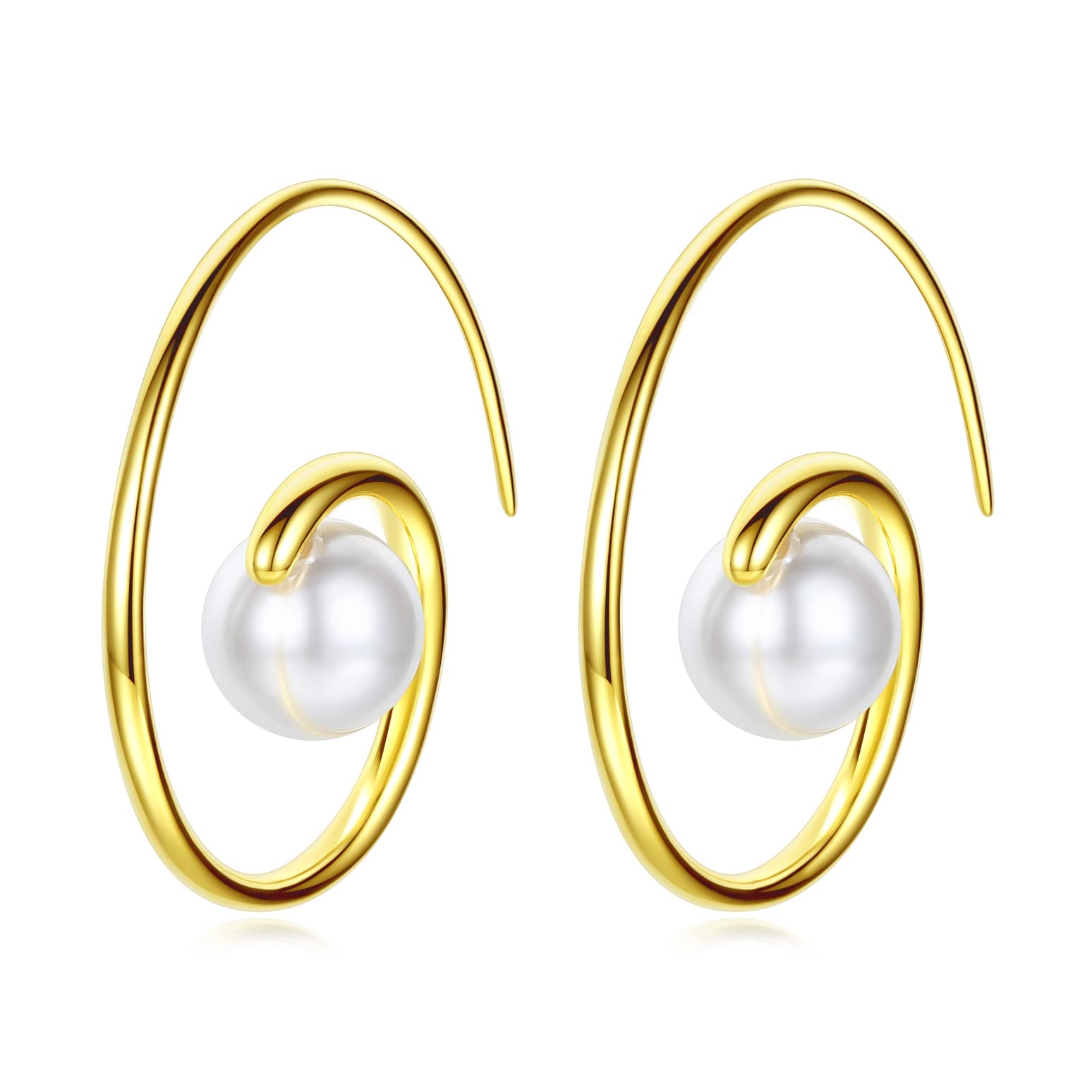 925 Sterling Silver Gold Plated Pearl Spiral Hoop Earrings for Women - Elegant Pull Through Stud Earrings Jewelry Gift for Girls, Perfect for Weddings, Parties & Daily Wear