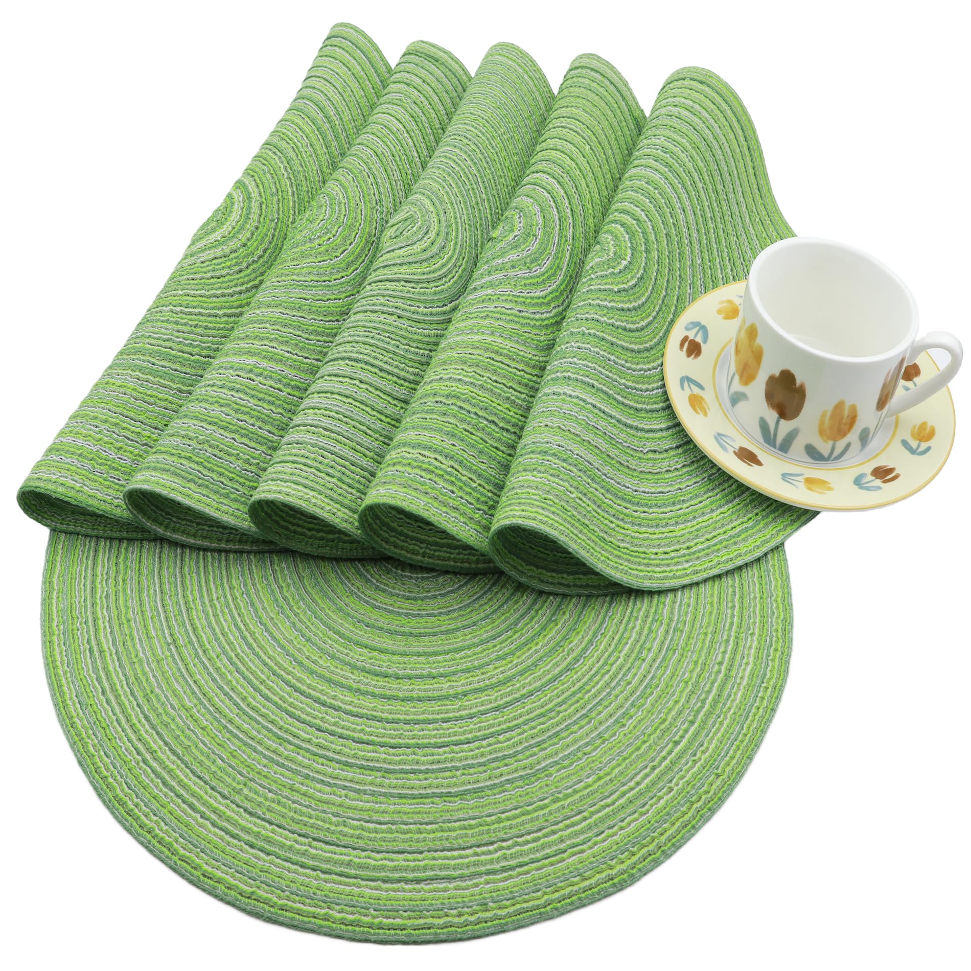 6-Pack Braided Round Placemats - 14.5 Inch Woven Washable Non-Slip Table Mats for Kitchen & Dining - Heat Resistant Natural Fabric Placemats for Indoor/Outdoor Use - Perfect for Dinner Parties, BBQs, and Everyday Meals (Beige)