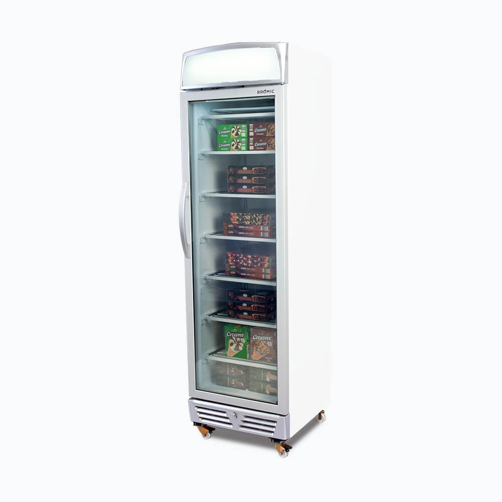 Bromic 300L Commercial Upright Display Freezer with LED Lightbox & Flat Glass Door - UF0374LS - Perfect for Supermarkets, Convenience Stores, and Restaurant Food Display