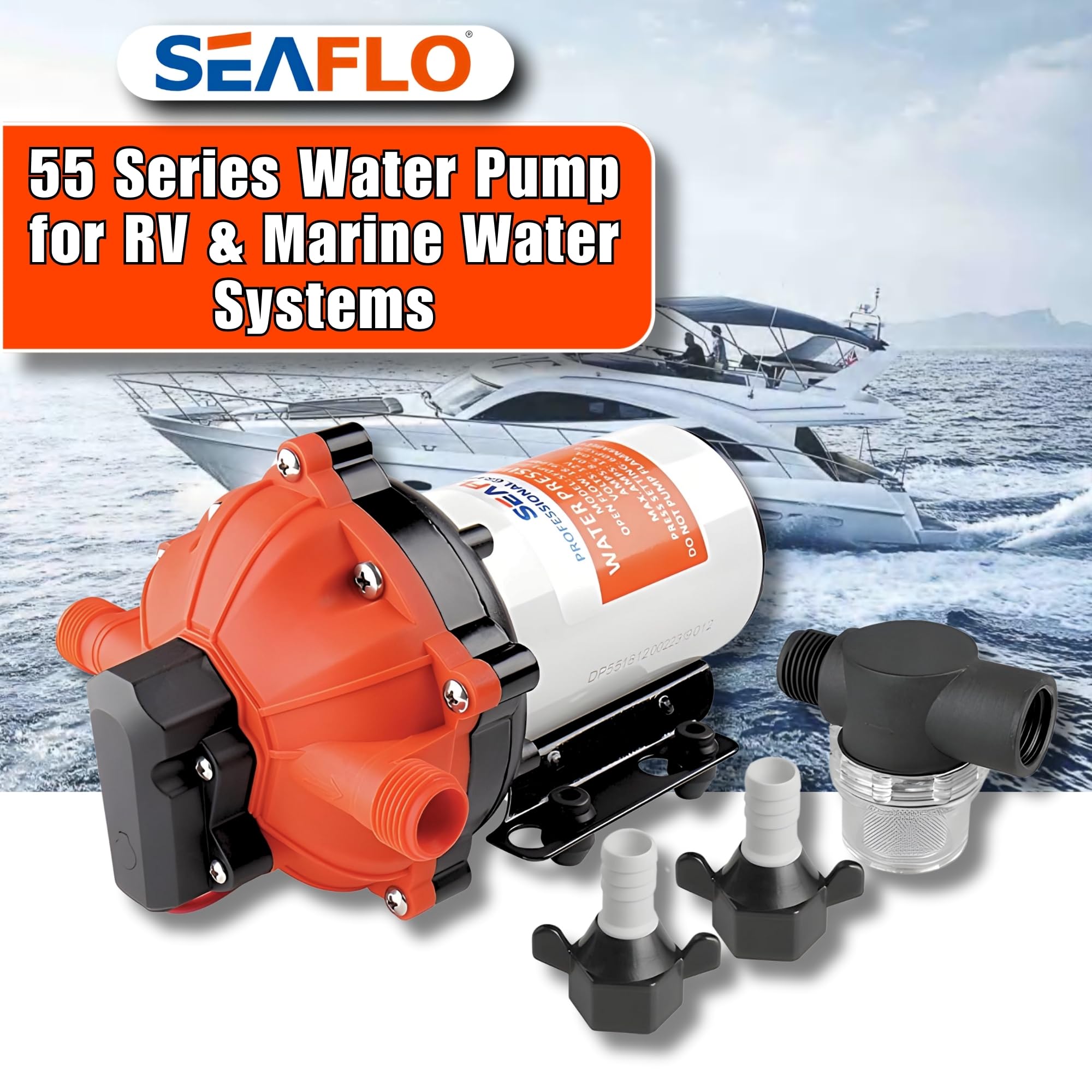 SEAFLO 55-Series 12V DC Diaphragm Water Pump - 5.5 GPM, 60 PSI with Heavy Duty Pressure Switch | Self-Priming, Quiet Operation, 4-Year Warranty | Perfect for RV Water Systems, Marine Applications, Off-Grid Living & Portable Water Transfer