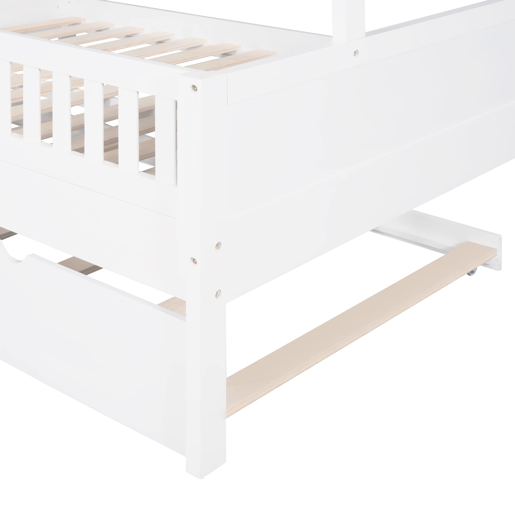 MERITLINE Full House Bed with Trundle - White Wooden Platform Bed Frame with Roof for Kids, Teens, Boys & Girls - Perfect for Small Bedrooms, Playrooms & Sleepovers