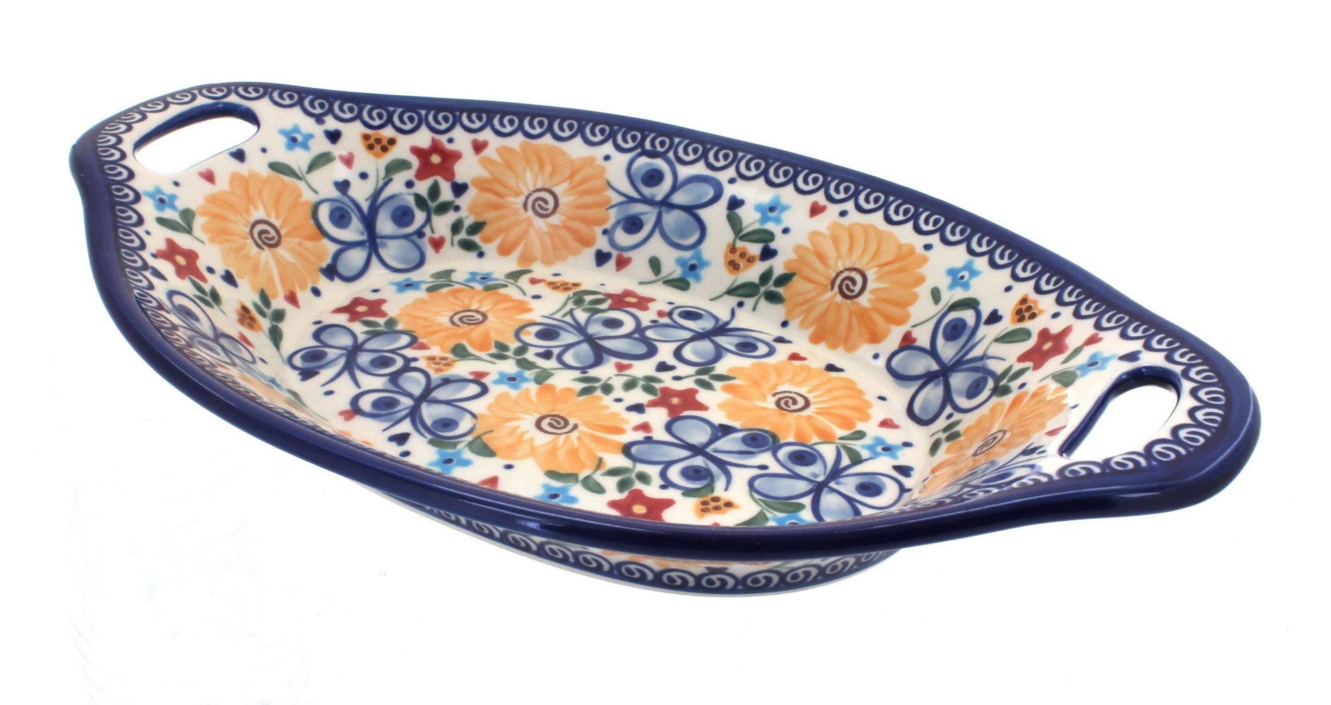 Handmade Blue Rose Polish Pottery Butterfly Bread Tray with Wooden Handles - Elegant Serving Platter for Breakfast, Brunch, and Tea Parties